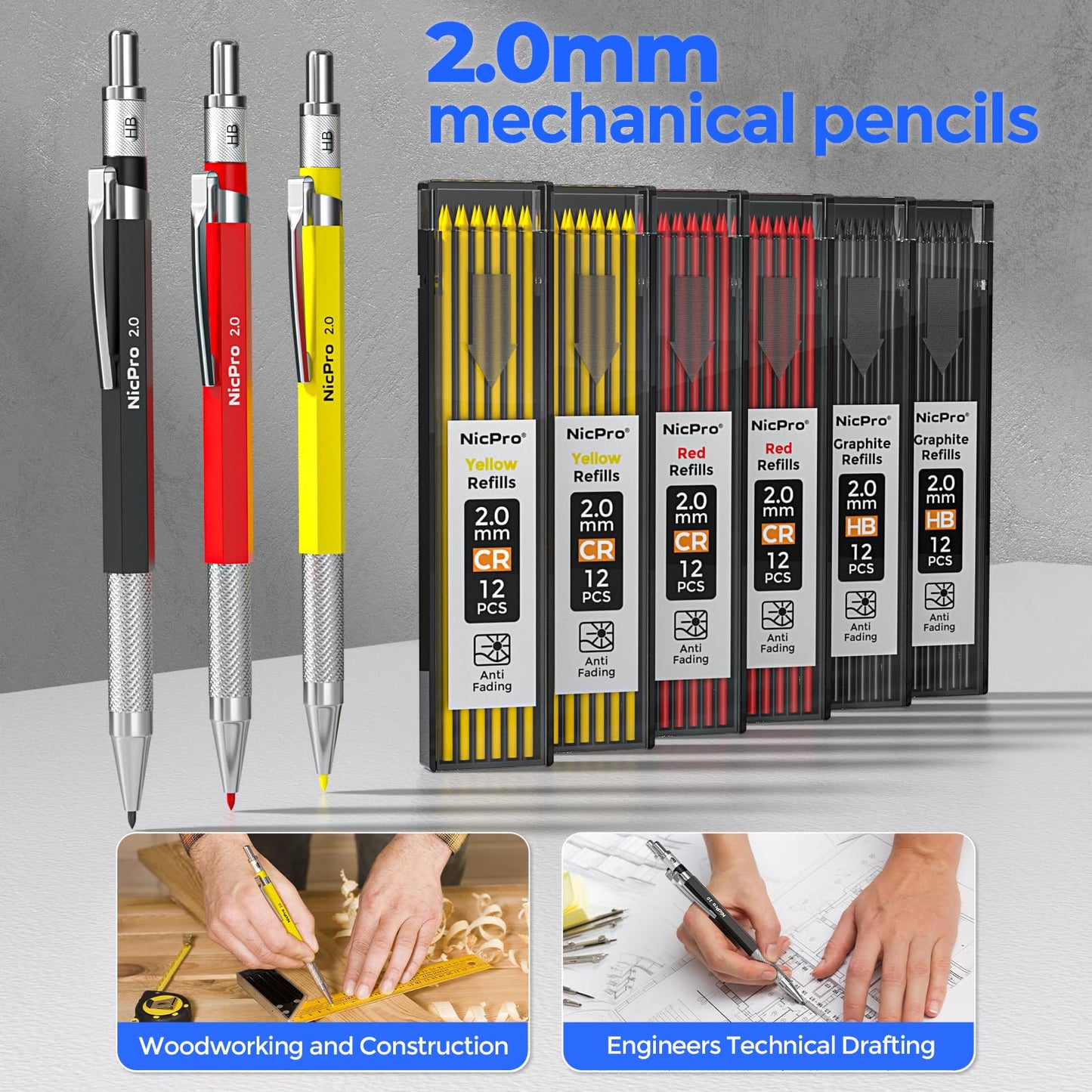 Nicpro 44 Pack CP3000 Carpenter Pencils with Sharpener, Mechanical Carpenter Pencil set with 169PCS Refills, Long Nib Marker Pens, Carbide Scribe Tool & Construction Pencils for Architect Woodworking