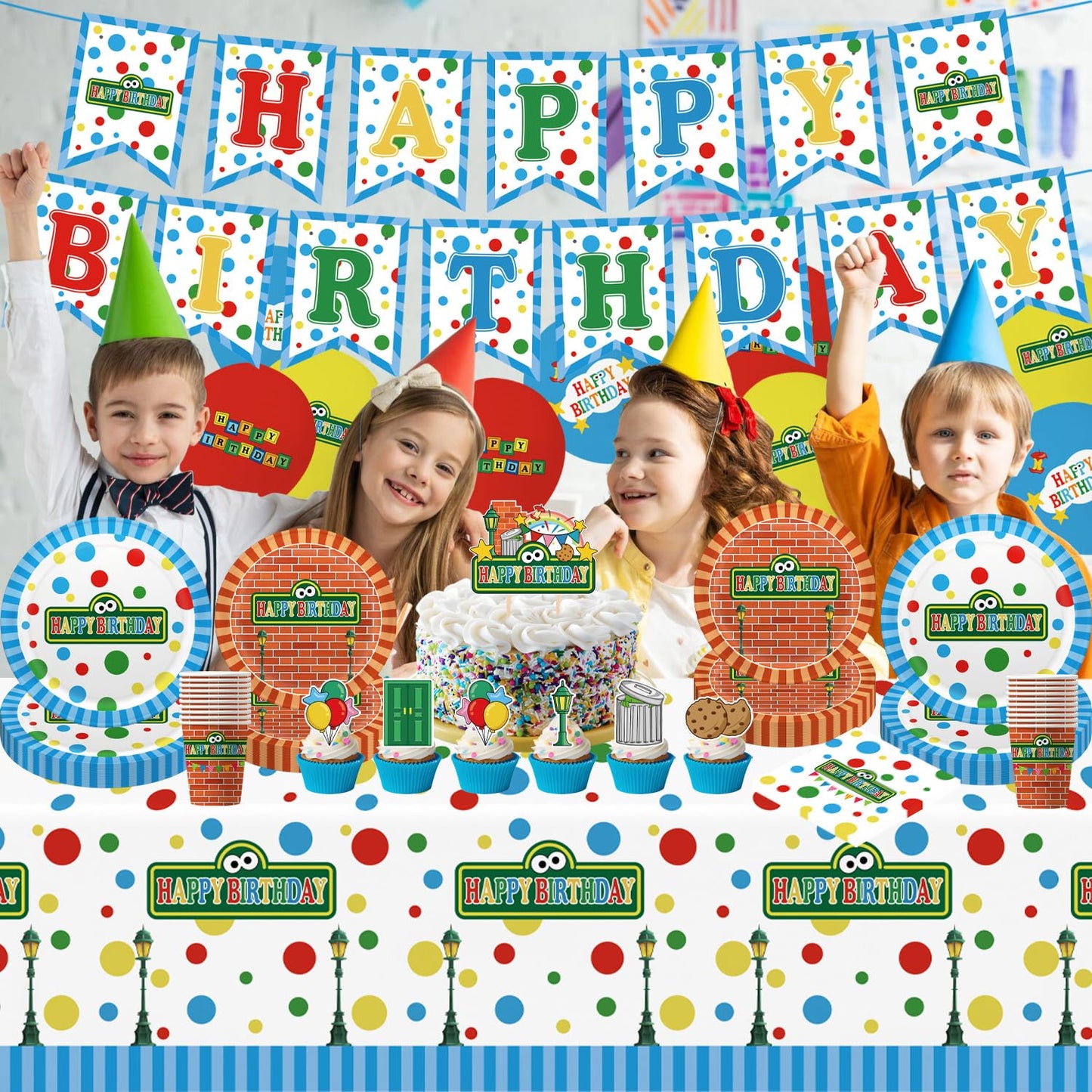 104pcs Birthday Party Decorations Cute Theme Tableware Set Include 9 Inches Plates, 7 Inches Plates, Happy Birthday Banner, Ballons, Napkins, Cups, Tablecloth, Cake Toppers and Cupcake Toppers