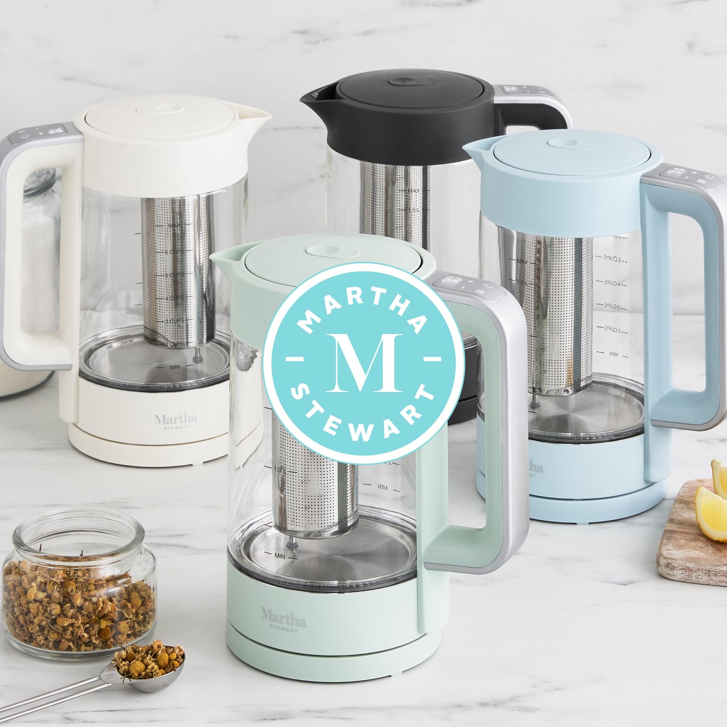 Martha Stewart Electric Kettle with Removable Stainless Steel Tea Infuser, Glass Carafe 1.7L (7 Cups), Hot Water Boiler, 4 Presets, Keep Warm & Auto Shut-Off, Cordless 360° Swivel Base, Linen White