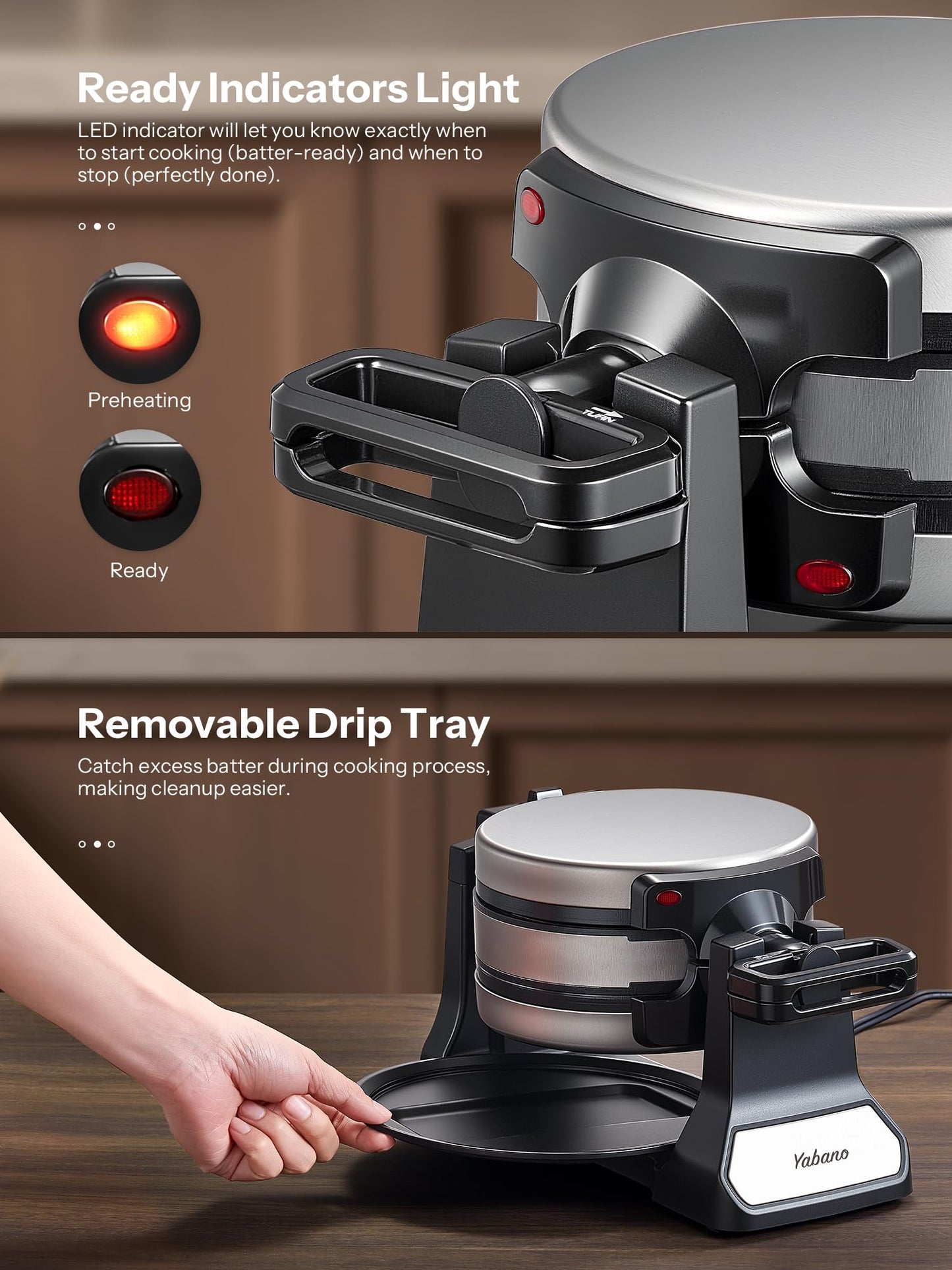 Belgian Waffle Maker, Classic Rotating Waffle Iron with Nonstick Plates, Removable Drip Tray and Cool Touch Handles, Double Flip Waffle, Rotating Belgium Waflera Maker by Yabano, Brushed Stainless