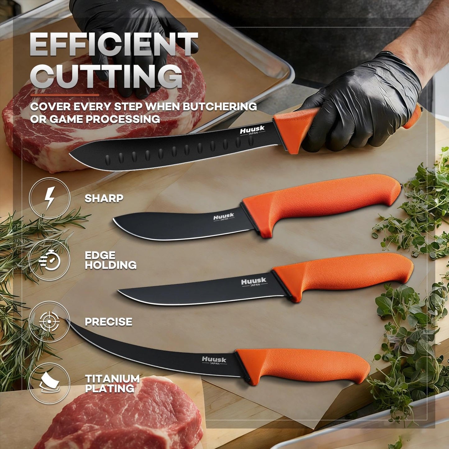 Huusk 5pcs Butcher Knife Set - Professional Meat Processing Kit with Non-Slip Orange Handle, German Stainless Steel Granton Butcher, Skinning, Curved Boning, Caping Knife with Roll Bag Gift for Men
