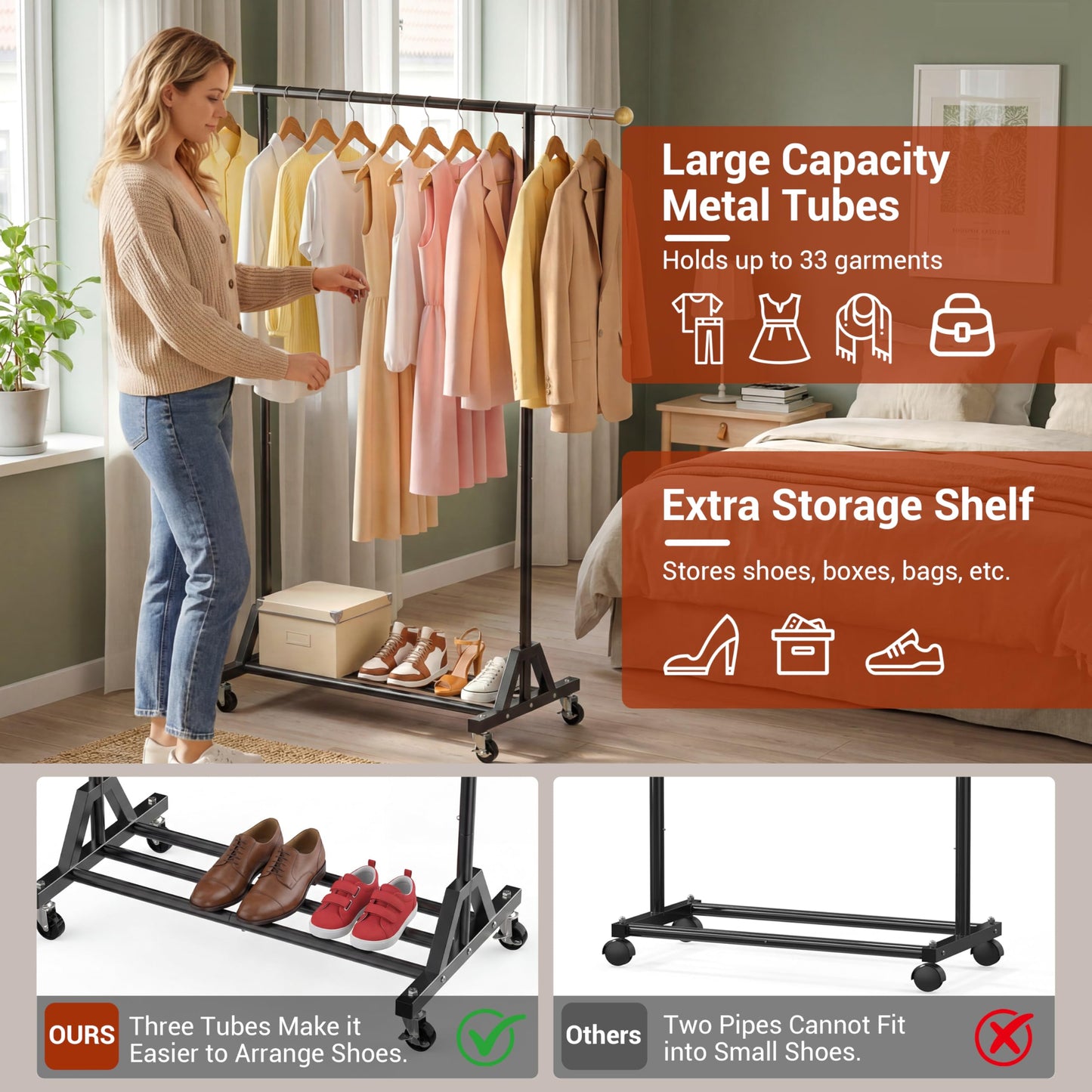 HRUSGO Rolling Garment Rack - Retractable Clothes Rack with Hanging Rods, Lockable Wheels and Bottom Storage Shelf - Sturdy Coat Rack, Freestanding Clothing Organizer for Bedroom, Laundry & Closet
