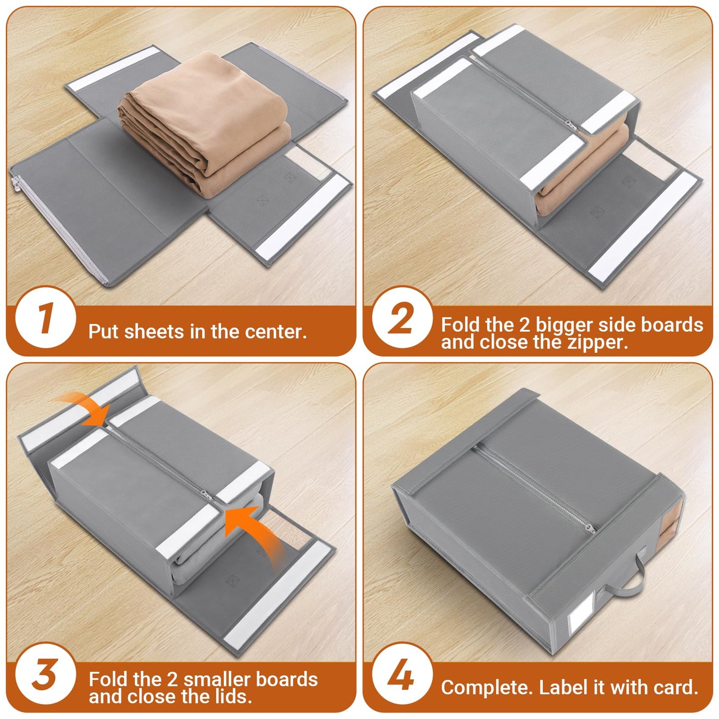 StorageTastic 8 Pack Bed Sheet Closet Organizers and Storage,Sturdy Foldable Storage Containers with Window and Label,Storage and Organization for Bedding Sheets,Duvet Covers,Blankets (Grey)
