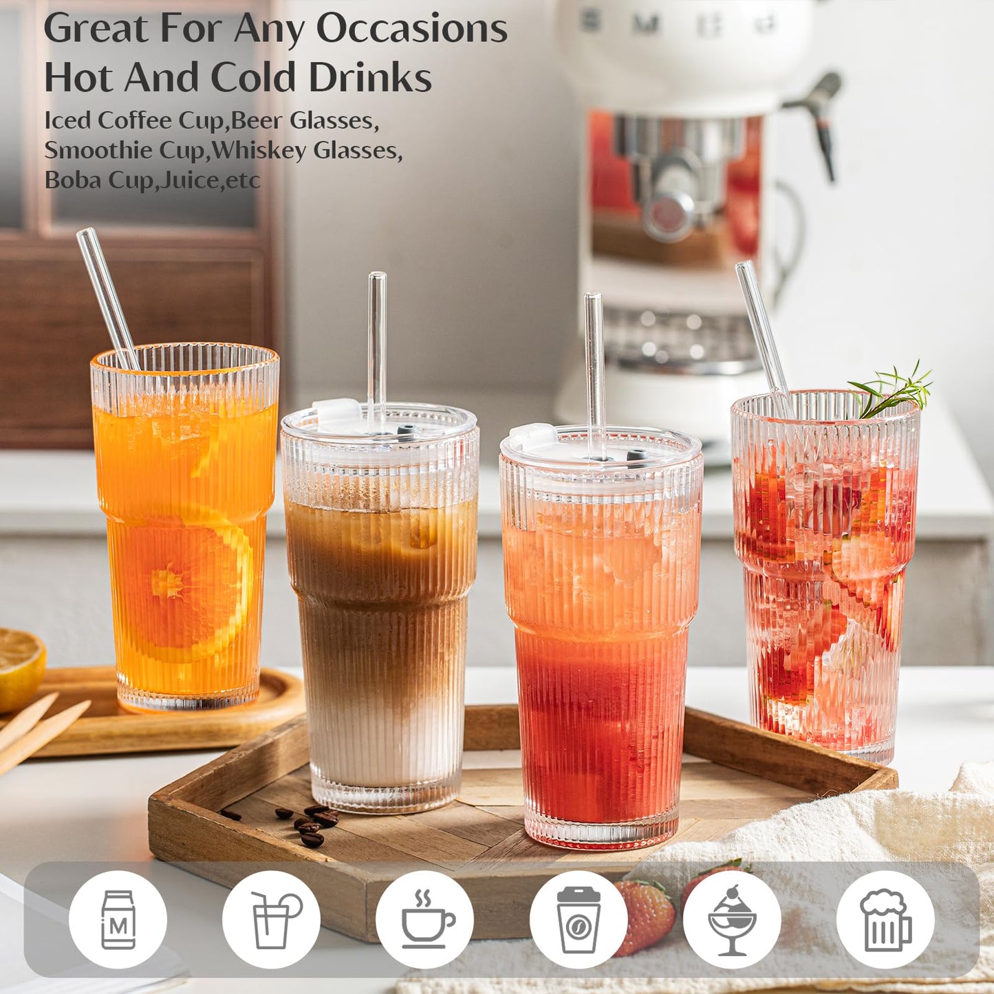 INSETLAN 20 oz Ribbed Glass Tumblers with Lids and Glass Straws – 4-Piece Glassware Set, Thickened Wall, Ideal for Iced Coffee, Smoothies, Cocktails, and Juices – Elegant and Durable Drinkware