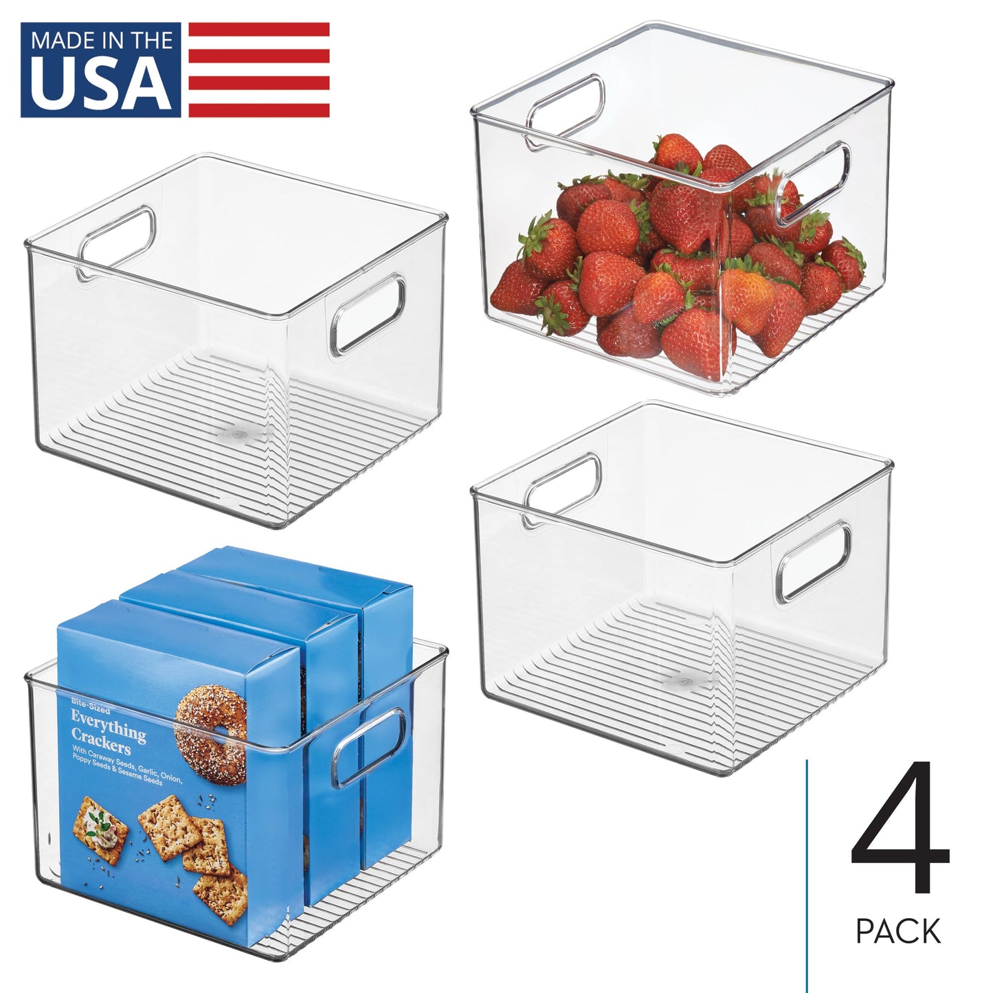 iDesign Clear Plastic Storage Bins for Kitchen - Pantry and Fridge Storage for Cabinets and Shelves, 4-Pack