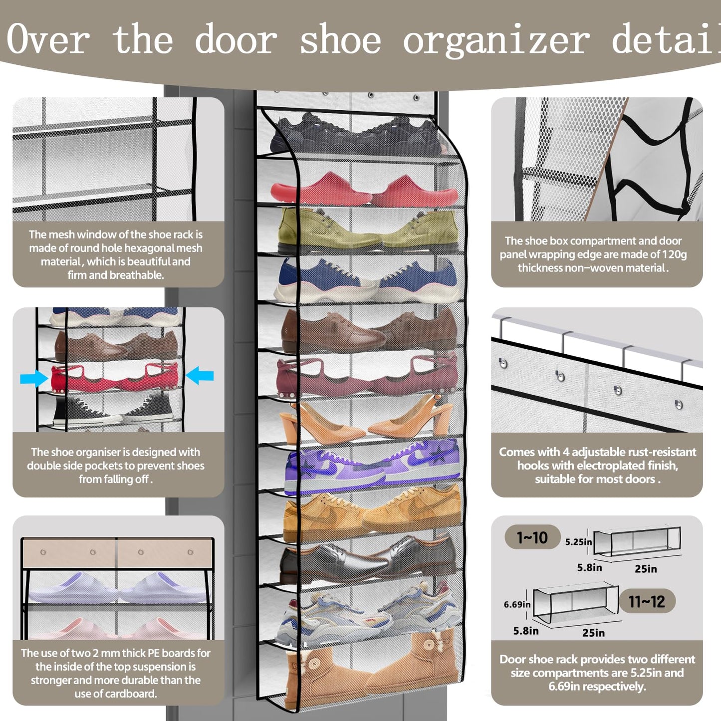 PAULONE 12 Pocket Over the Door Shoe Organizer,Reusable Breathable Large Mesh Bag Men's & Women's Sneaker Organizer,Shoe Organizer for Kids,Hanging Shoe Storage Hanging Bag (White)
