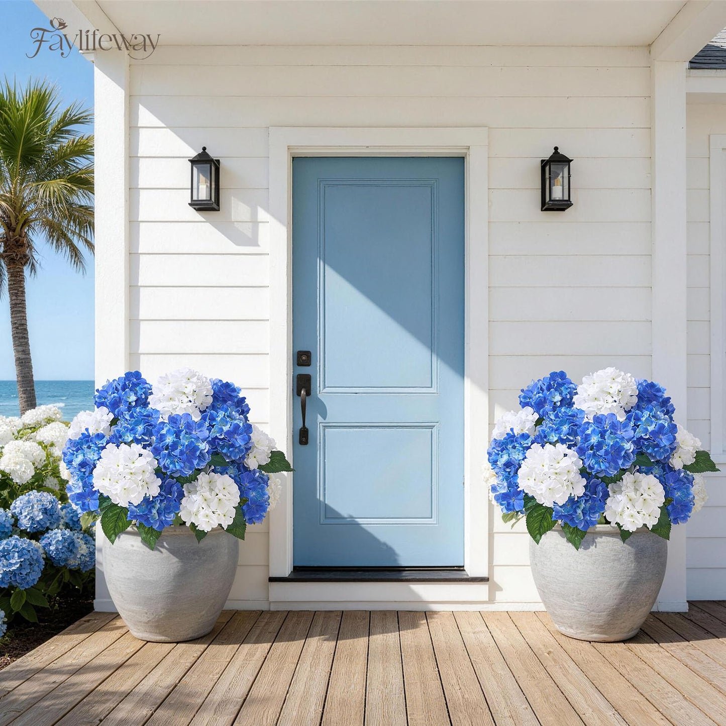 Faylifeway 12 Heads Artificial Flowers for Outdoors, UV Resistant Faux Hydrangea Flowers for Outdoor Planters Front Porch Garden Window Box Patio Decor （White&Blue）