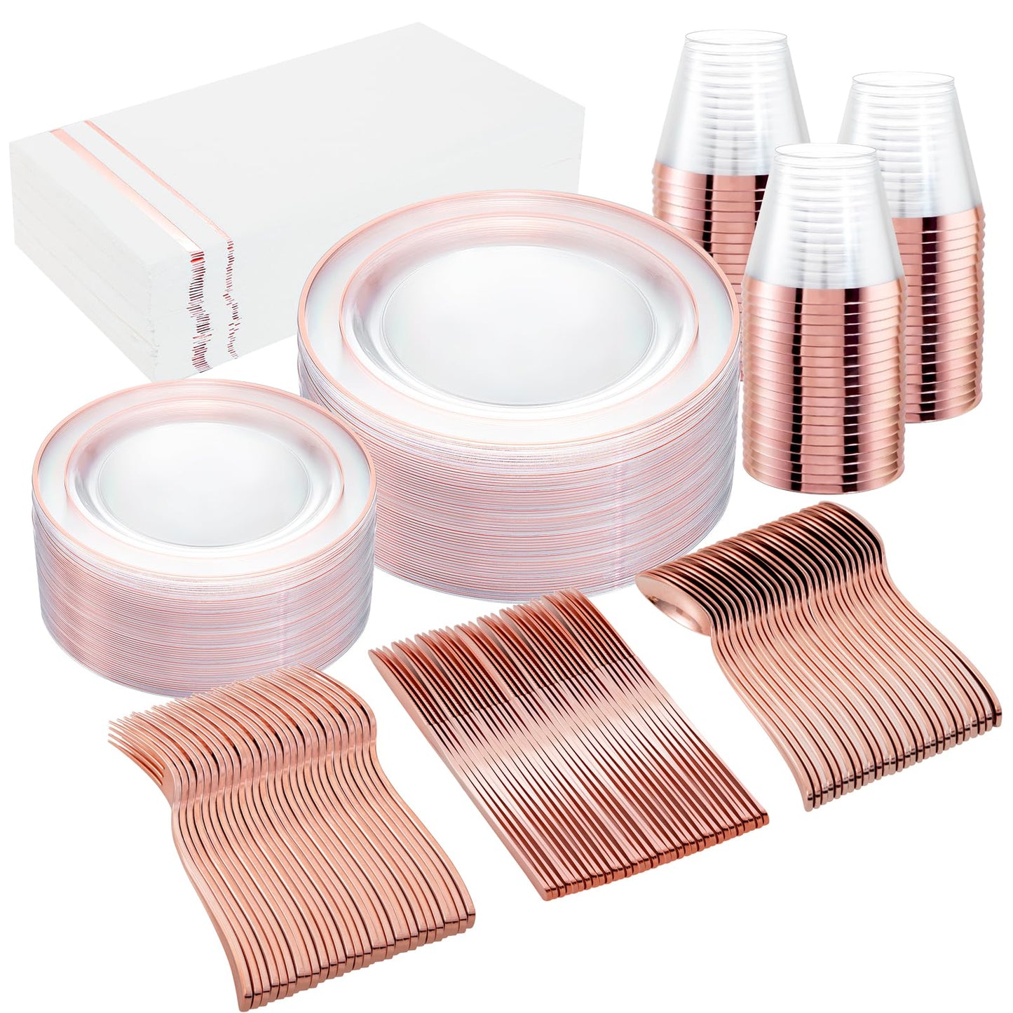 GATHER 350PCS Rose Gold Plastic Plates - Disposable Rose Gold Dinnerware Includes 100 Clear Rose Golds Rimmed Plastic Plates, 150 Silverware, 50 Napkins, 50 Cups for Party, Wedding