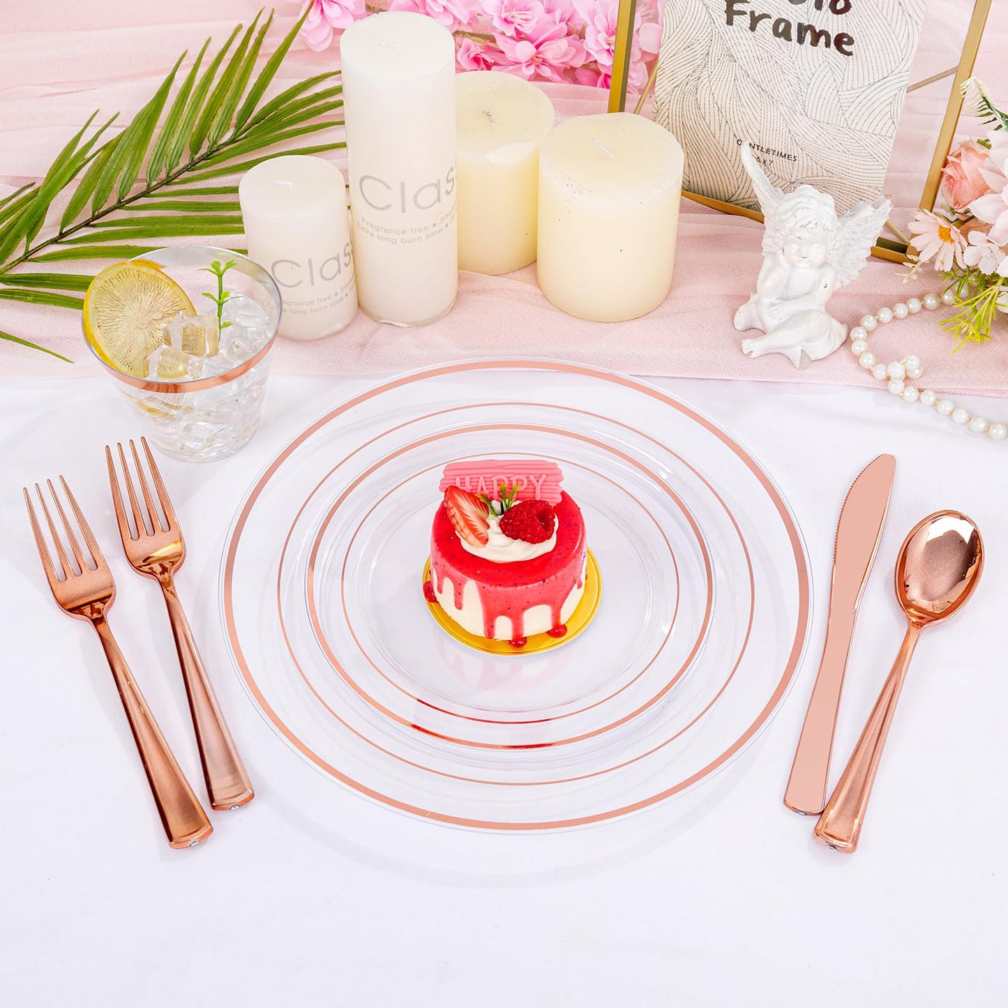 bUCLA 300PCS Rose Gold Plastic Dinnerware - Clear Dinnerware Set Disposable Include 50 Dinner Plates,50 Dessert Plates,50 Knives,50 Forks,50 Spoons,50 Cups for Party & Wedding