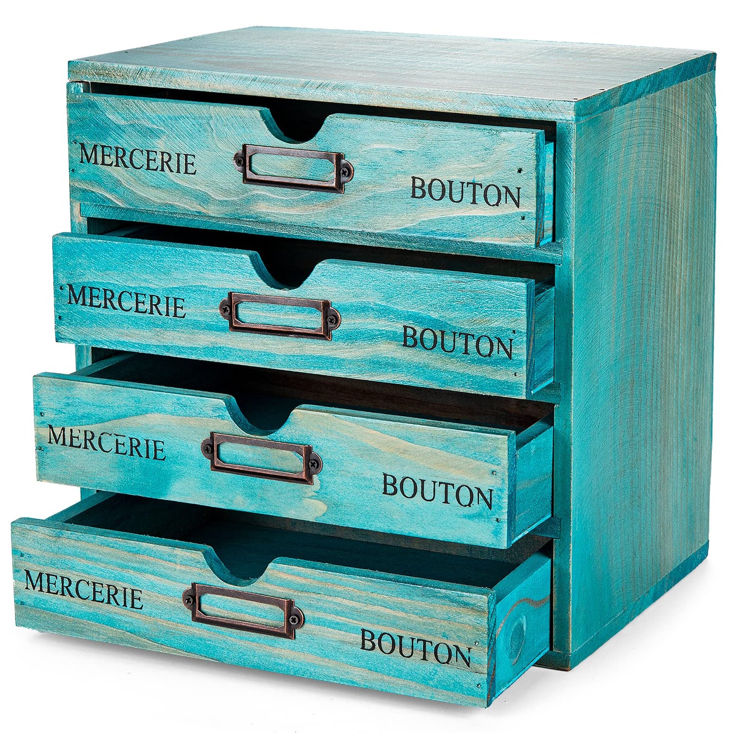Turquoise 4-Tier Drawer Unit - Teal European Country Style Desk Organizer Box - 9.7x7x10 Wooden Stackable Drawers - Countertop Organizer Drawers w/Label Holder - 4-Level File Drawer Unit