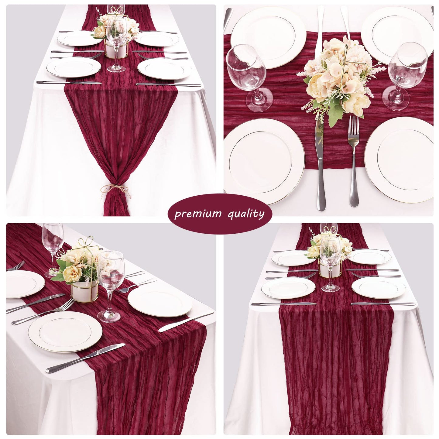 12 Pack 10Ft Cheesecloth Table Runner 35x120 Inch Boho Gauze Table Runner Rustic Cheese Cloth Long Romantic Table Runners for Wedding Bridal Shower Birthday Party Table Decor (Burgundy)