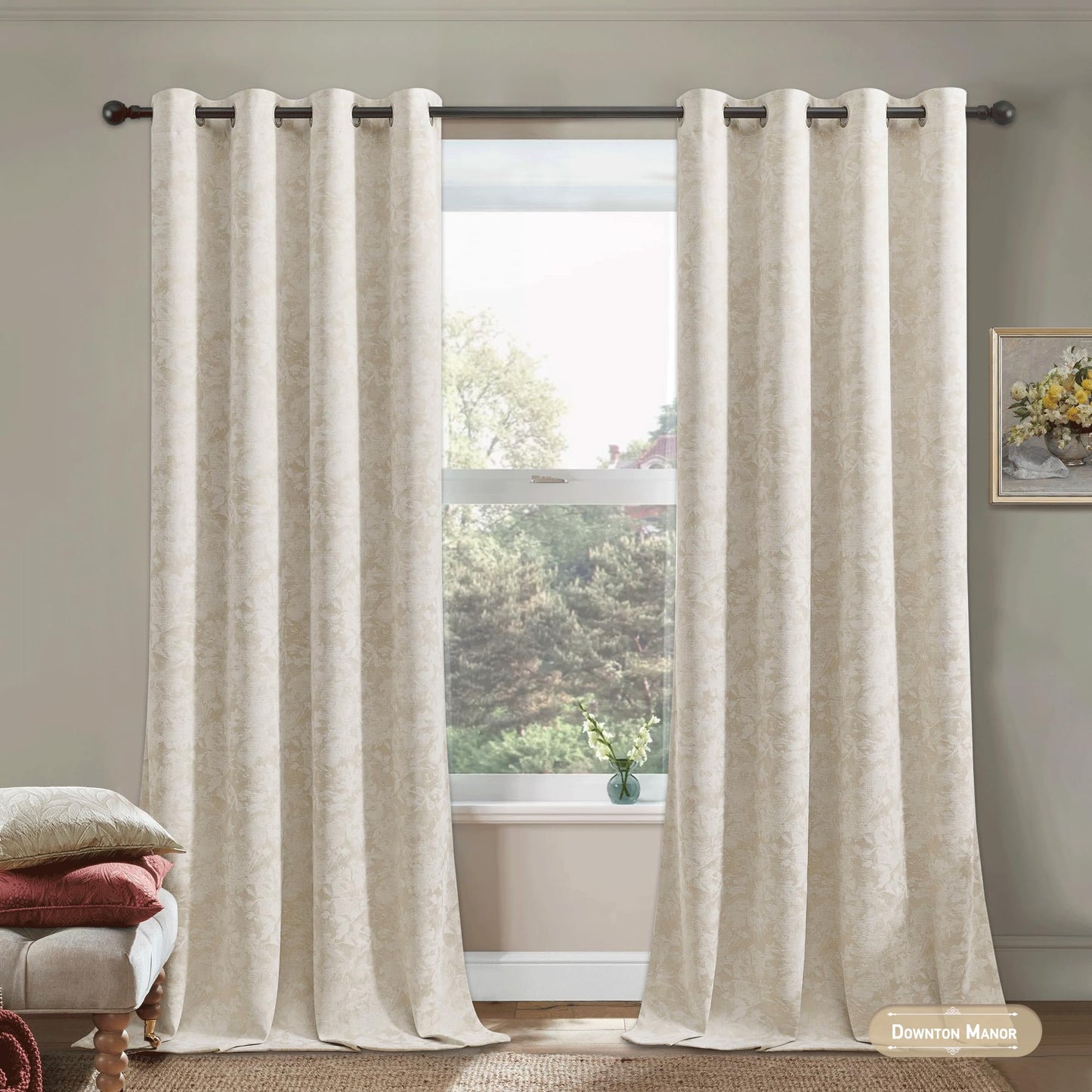 Beauoop Beige Floral Jacquard Blackout Curtains 96 Inches Long 2 Panels for Bedroom Living Room Taupe Flower Chenille Room Darkening Thermal Insulated Soundproof Grommet Window Treatments Drapes 52x96