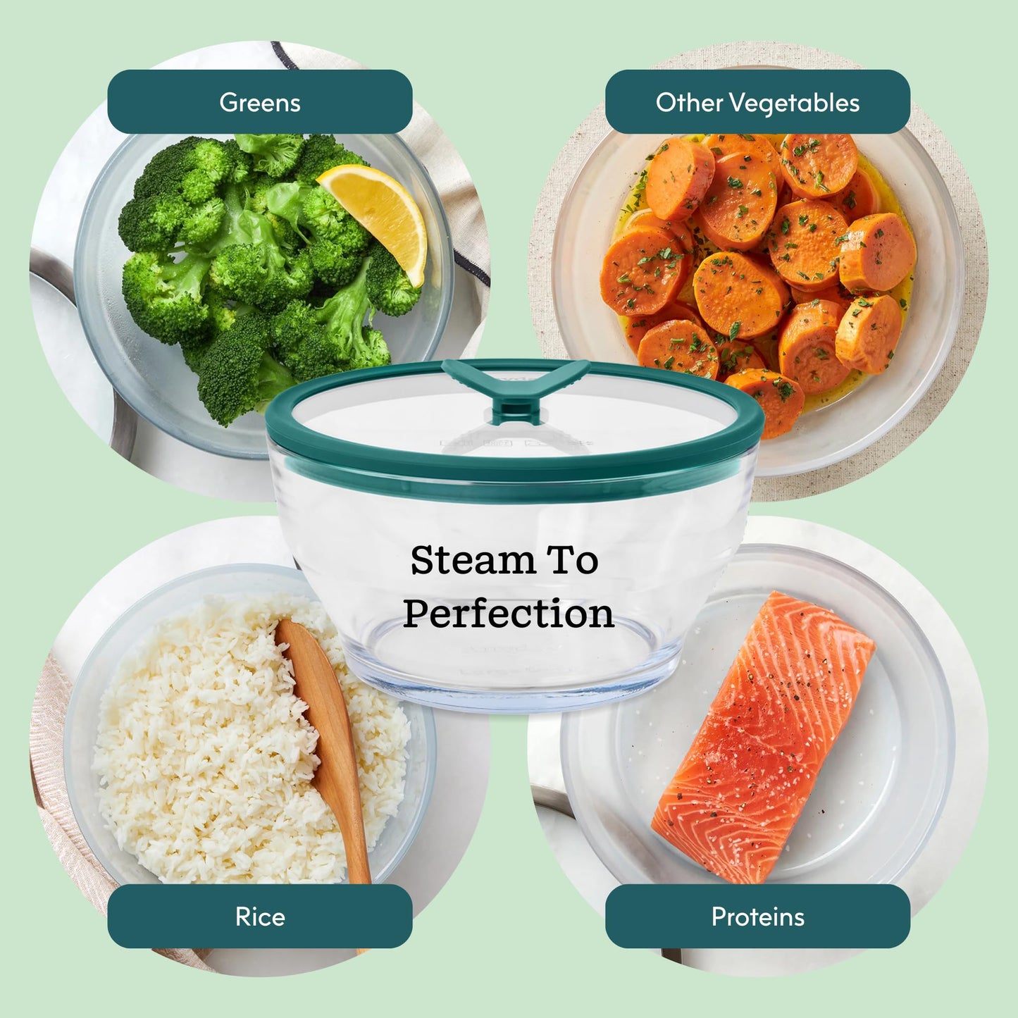Anyday 7-Cup Glass Microwave Steamer for Vegetables – BPA-Free Glass Vegetable Steamer Bowl with Vented Lid, Healthy Microwave Cooking Container for Broccoli, Veggies, Meal Prep (Clear Kale)