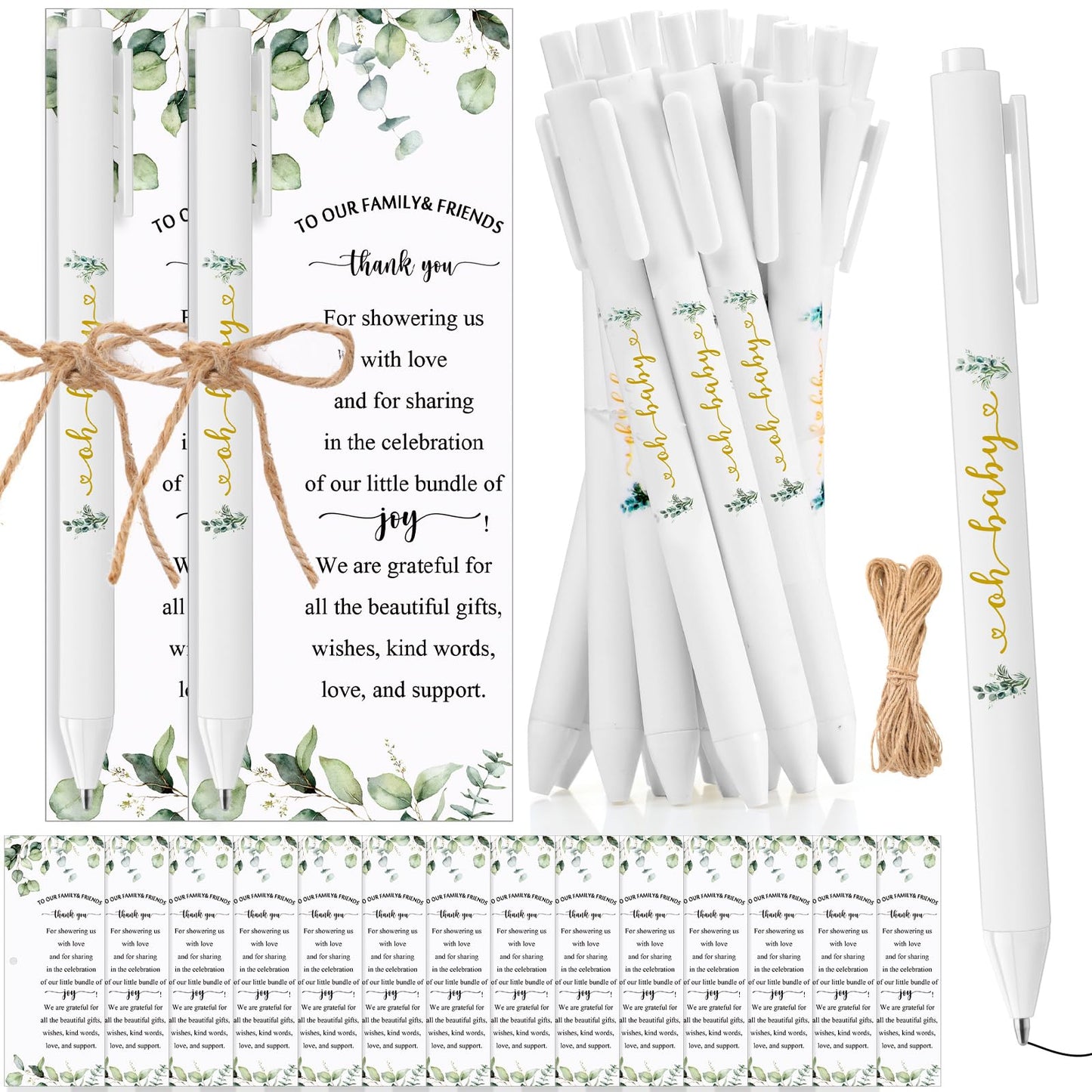 Tenceur 100 Set Baby Shower Pens Greenery Baby Shower Favor for Guest Sage Ballpoint Pens with Woodland Thank You Cards Gender Reveal Party Favor for Girl Boy Party Souvenirs Prizes