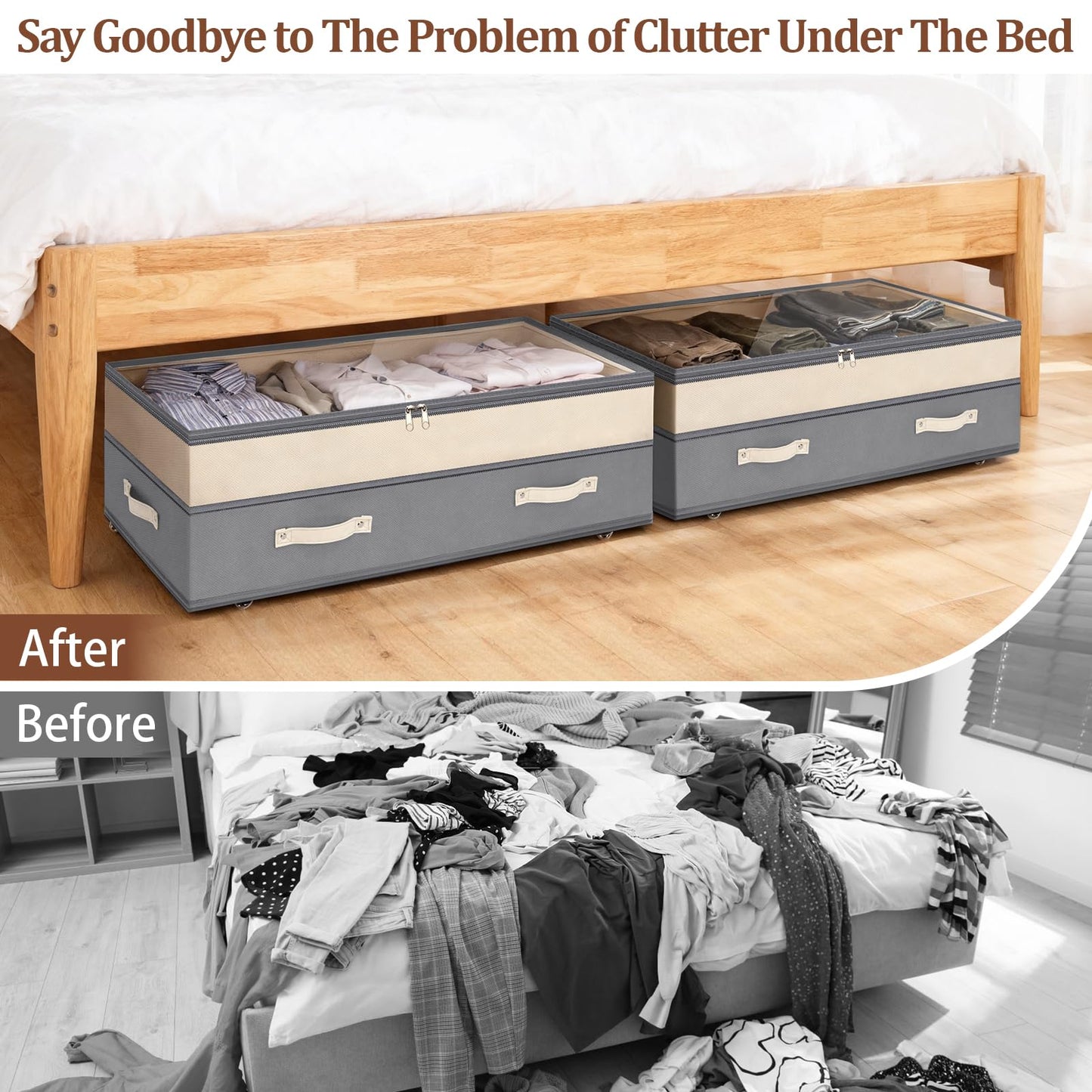 Dolicer 2 Pack Under Bed Storage with Wheels, 6in-10in Height Adjustable Underbed Storage Containers, 92L XXXL Under Bed Drawers Rolling Bin with Clear Lids for Dorm Shoes Clothes Organizers(Grey)