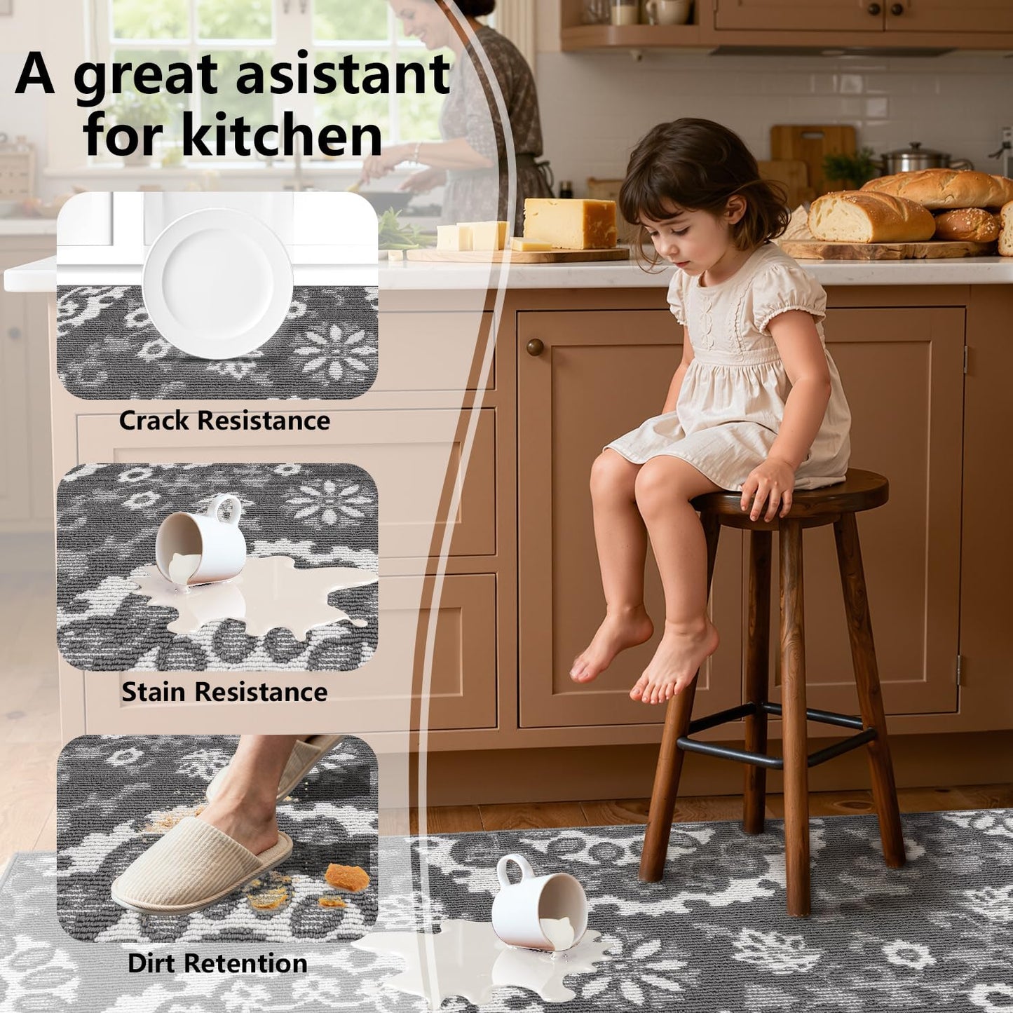 Yamaziot Washable Kitchen Rug Sets of 3, Non Slip Kitchen Mats for Floor, High-Low Textured Kitchen Runner Absorbent Stain Resistant Floor Carpet for Hallway, Laundry, Sink (Grey, 2x3+2x4+2x5ft)