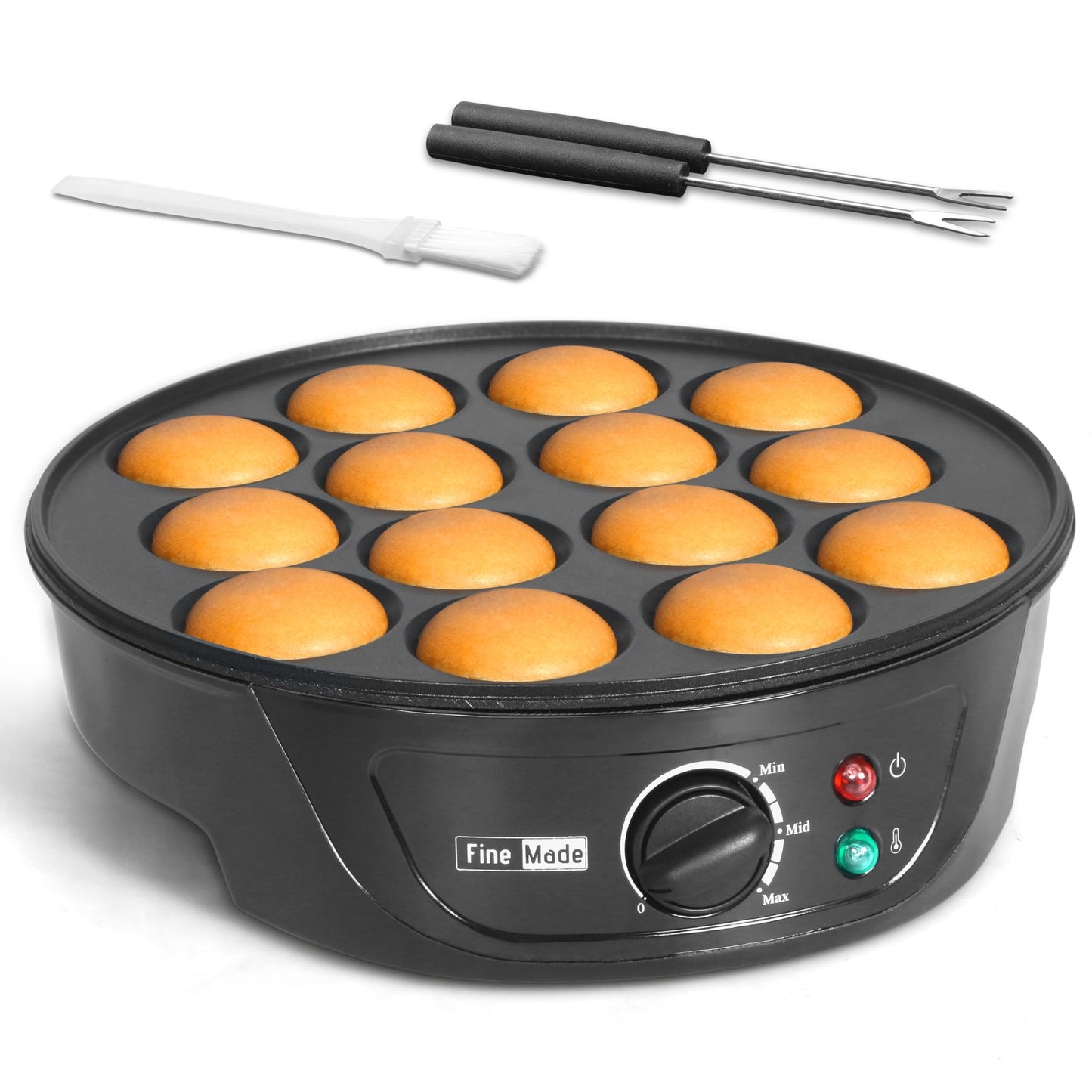 FineMade Non Stick Mini Pancakes Maker Machine, Electric Poffertjes Pan with Browning Control, Small Ebelskiver Aebleskiver Pan, Dutch Mini Pancake Maker, with Brush & Forks, 14 Slots, Black
