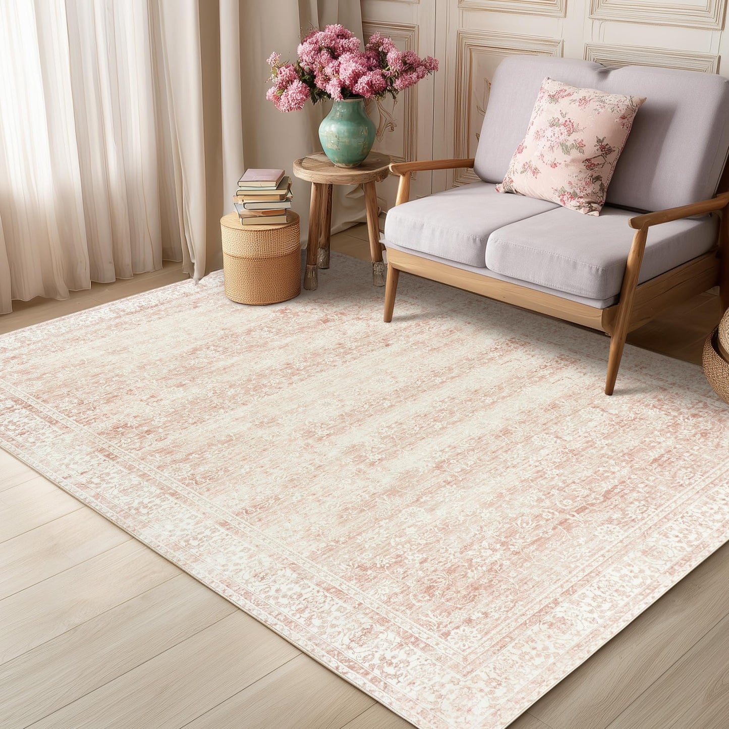 Pink Nursery Rug for Baby Girl 5 x 7 Neutral Blush Pink Boho Cute Floral Foldable Machine Washable Low Pile Soft Surface Carpet Area Rugs for Living Room Bedroom Dorm Kids Playroom,5x7