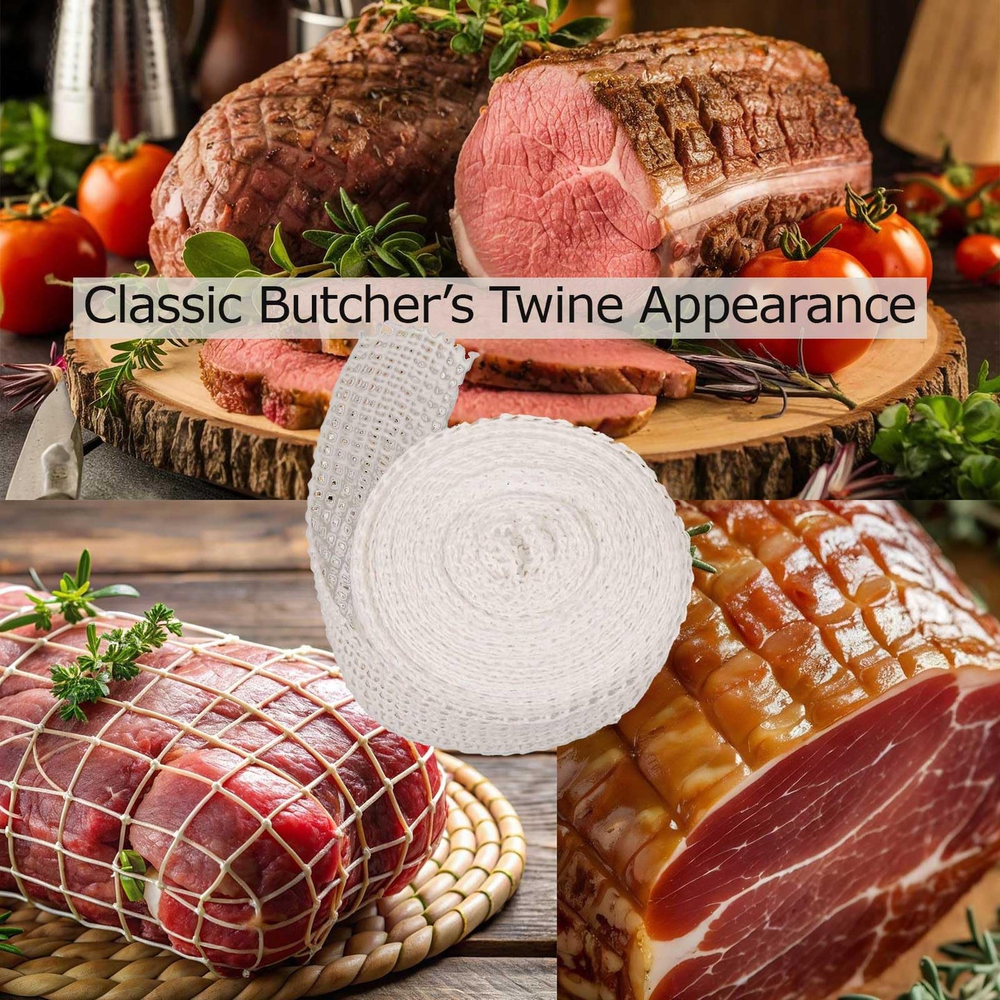 The Sausage Maker® 50ft Meat Netting Roll Size 32, Elastic Butchers Twine Cooking String Food Net For Large Roasts, Turkey, Strip Loins, USA Made, BPA Free Stretchable Poly-Cotton Mesh, 9" Dia