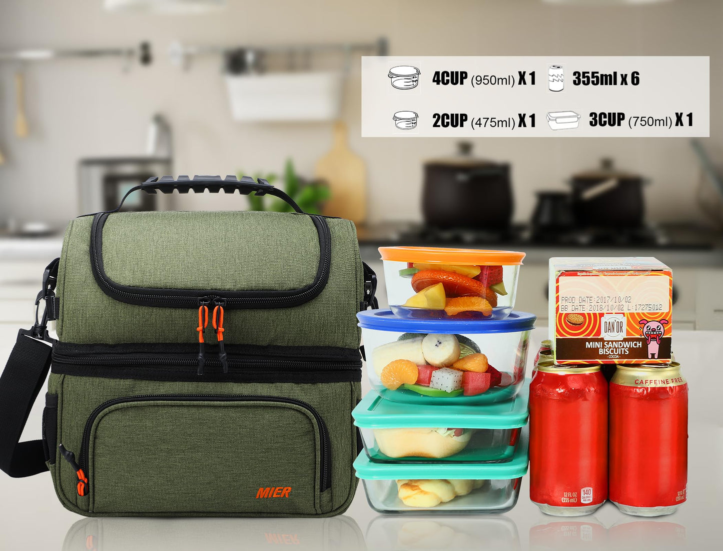 MIER Dual Compartment Lunch Bag Tote with Shoulder Strap for Men and Women Insulated Leakproof Cooler Bag, Army Green