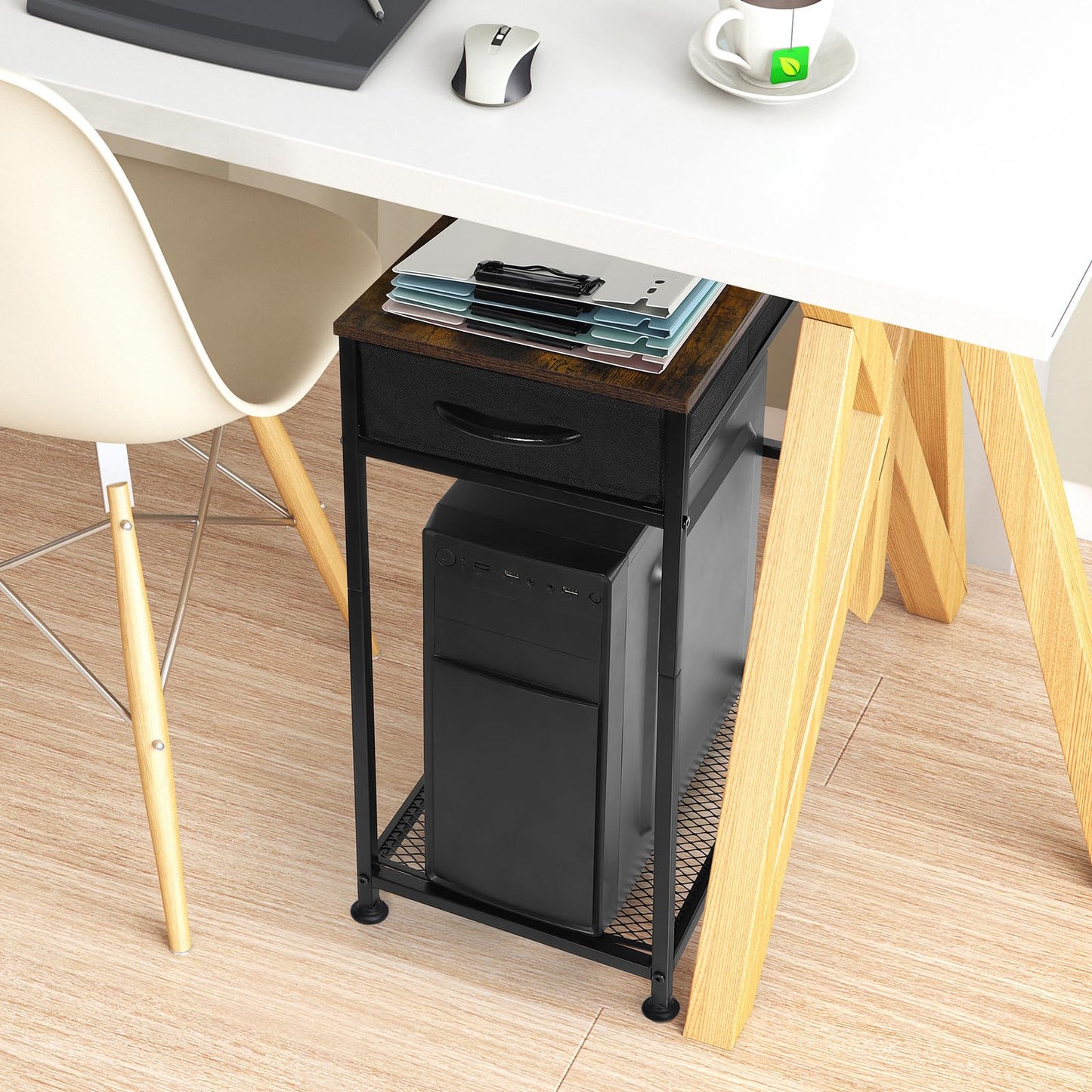 YBING Computer Tower Stand PC Tower Stand with Storage Drawer Mobile CPU Holder Stand with Caster Wheels 2 Tier Rolling Computer Tower Cart for Home Office Fax, Rustic Brown