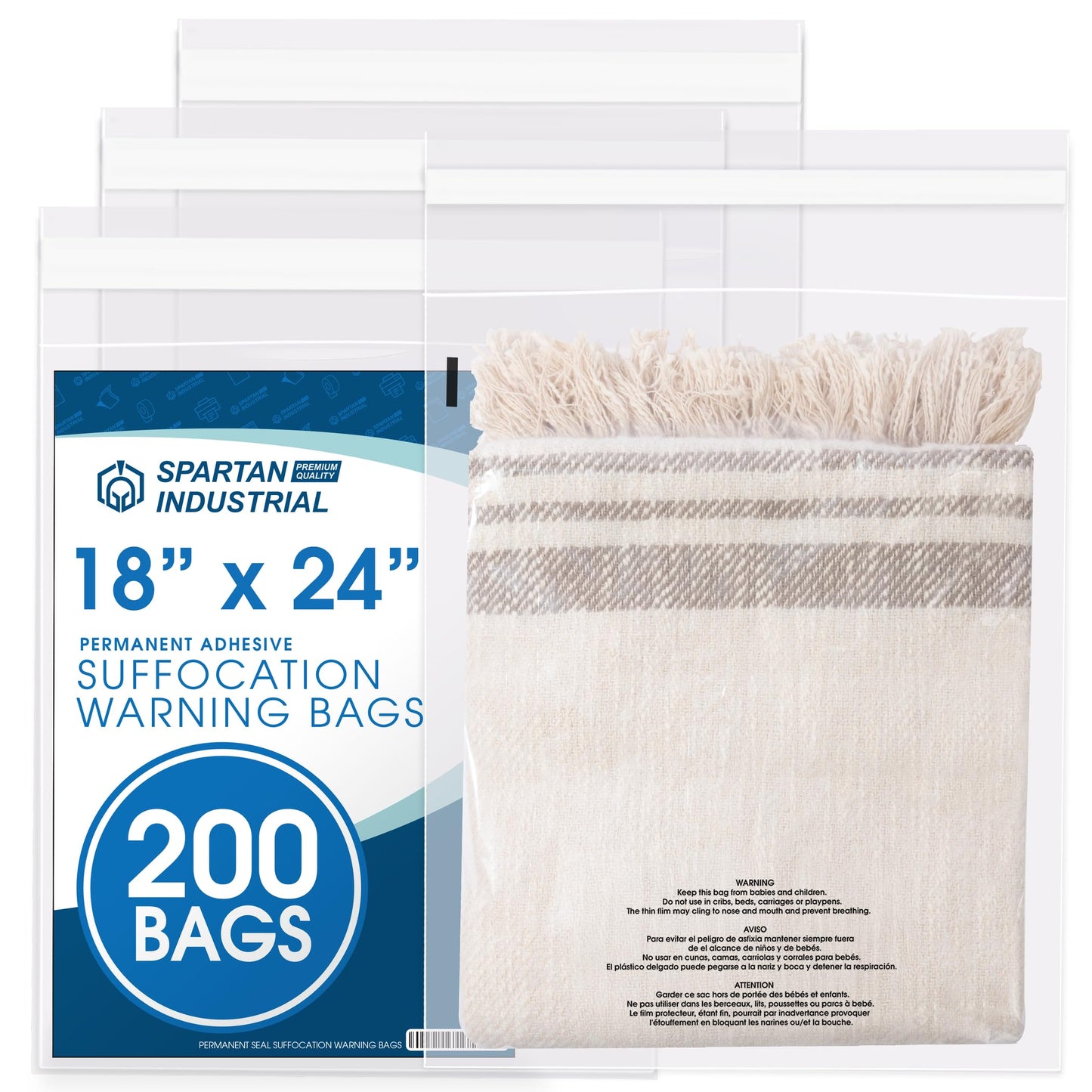 Spartan Industrial - 18” X 24” (200 Count) Self Seal Clear Poly Bags with Suffocation Warning for Packaging, Shipping - Permanent Adhesive