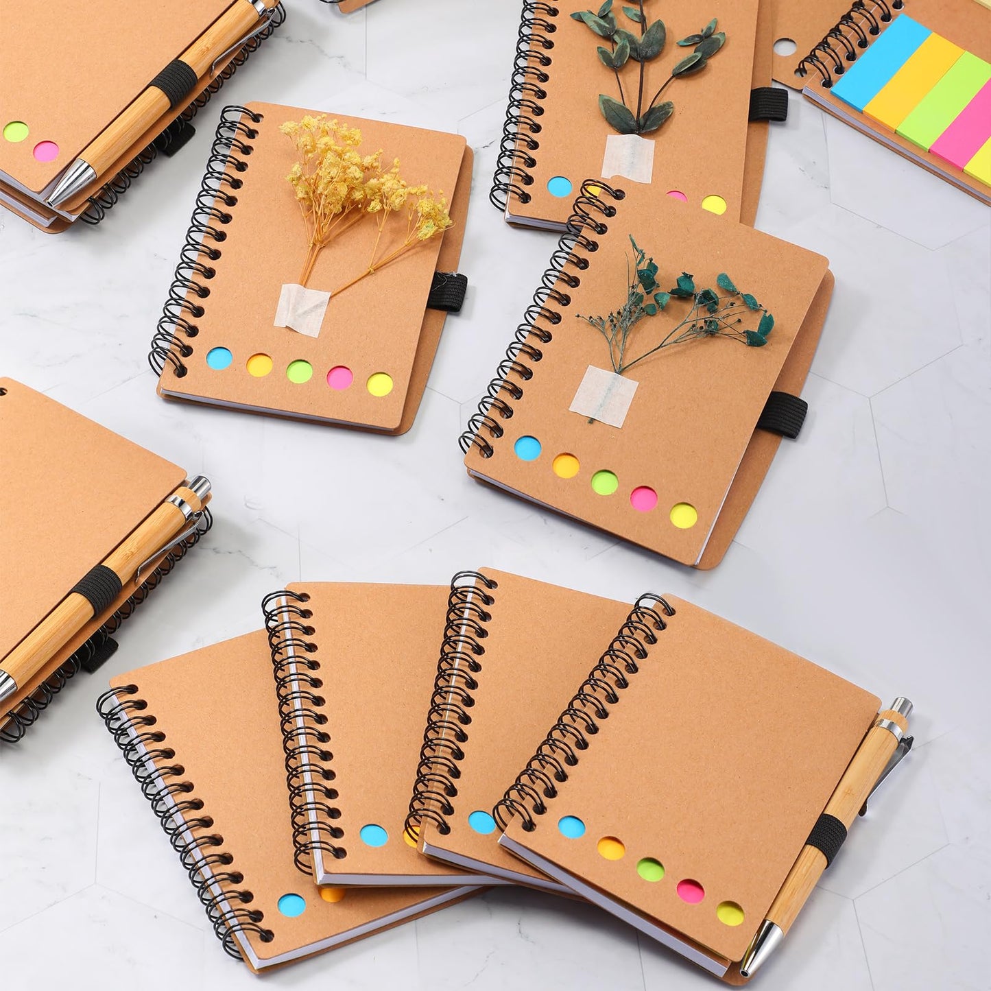 Chuangdi 30 Sets Lined Spiral Notebooks with Sticky Notes and Bamboo Pens, End of School Year Gifts for Office Teacher Staff, Kraft Notebook with Pen Bulk for Graduation Gift Back-to-school Supplies