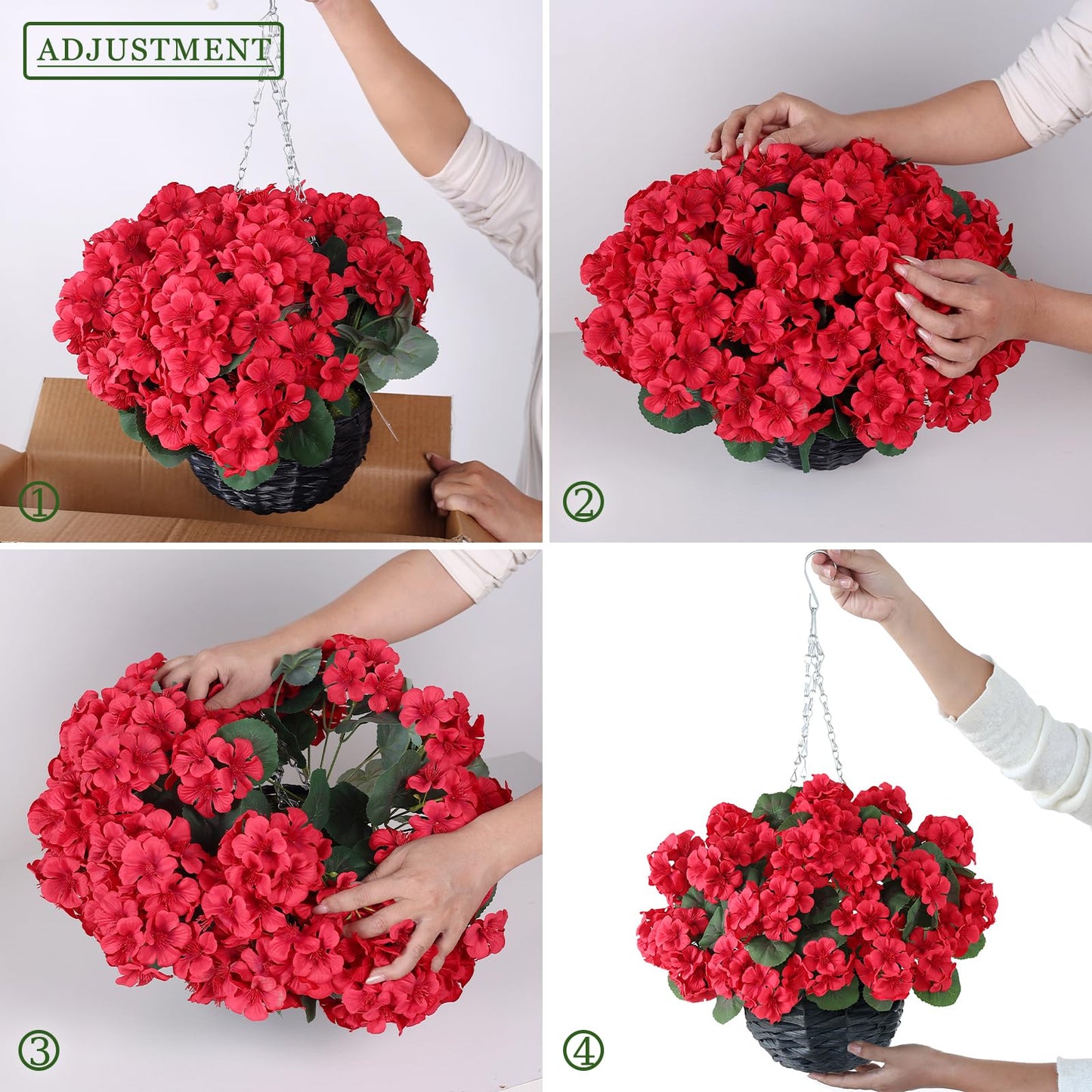 GLIDLION 2 Set Artificial Geraniums Flowers with Hanging Baskets for Outdoors - Sun Resistant Silk with Geranium Flowers, Fake Hanging Planters for Front Porch Garden Patio Home Decor (Red)