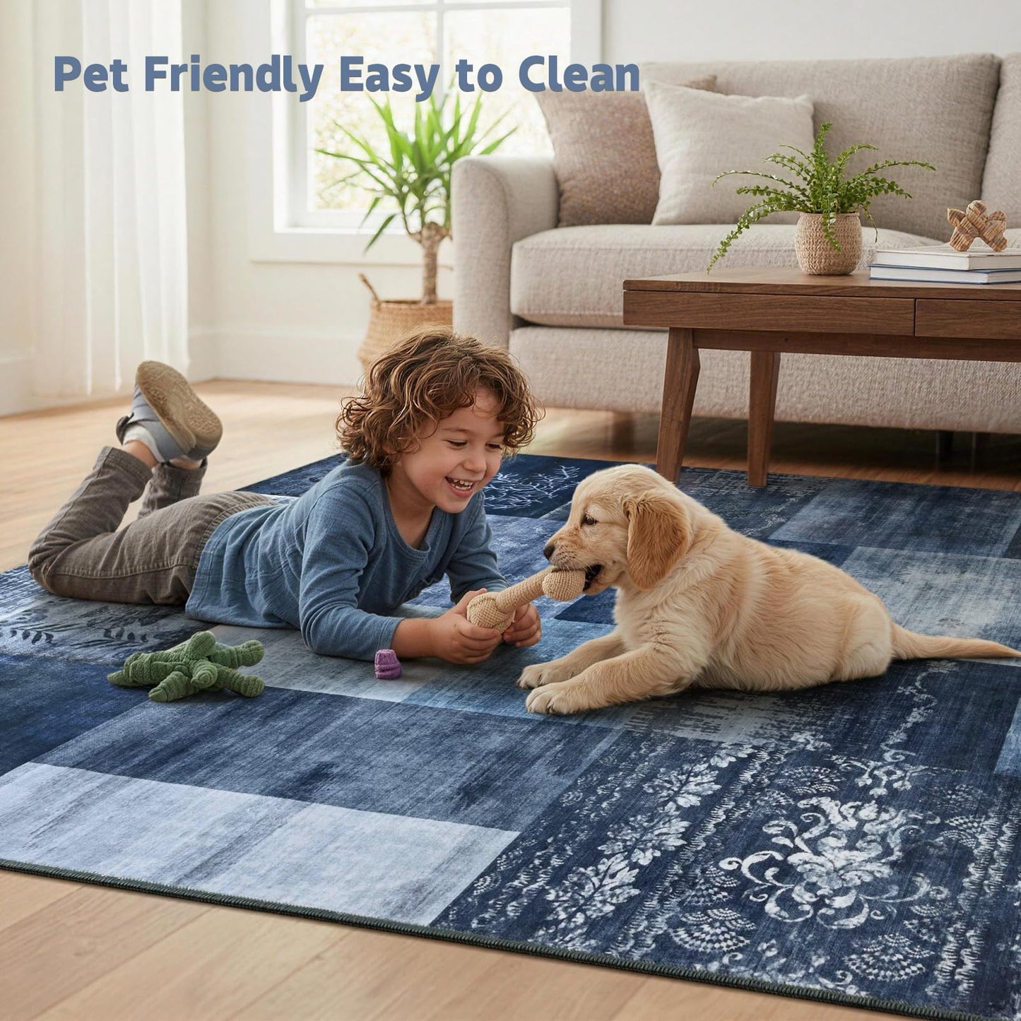 DweIke Washable Area Rugs 5x7 for Living Room, Modern Geometric Navy Blue Soft Patchwork Carpet, Non-Slip Stain Resistant Throw Rug for Bedroom Dining Room Office Home Decor