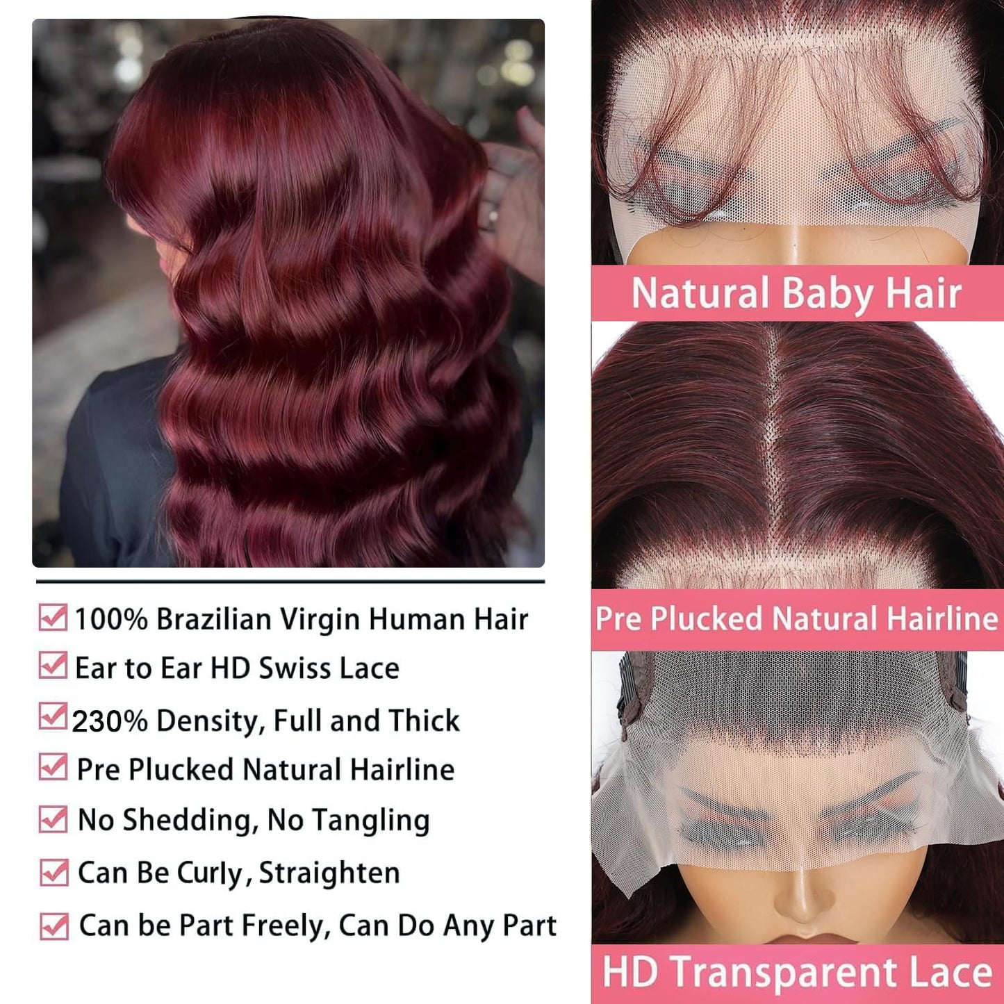13X6 14inch 99J 230%Density Bob Body Wave Burgundy Wig Human Hair Red Bob Wig Human Hair Dark Burgundy Body Wave Bob Lace Front Wigs Pre Plucked With Baby Hair HD Transparent Lace Frontal Wig