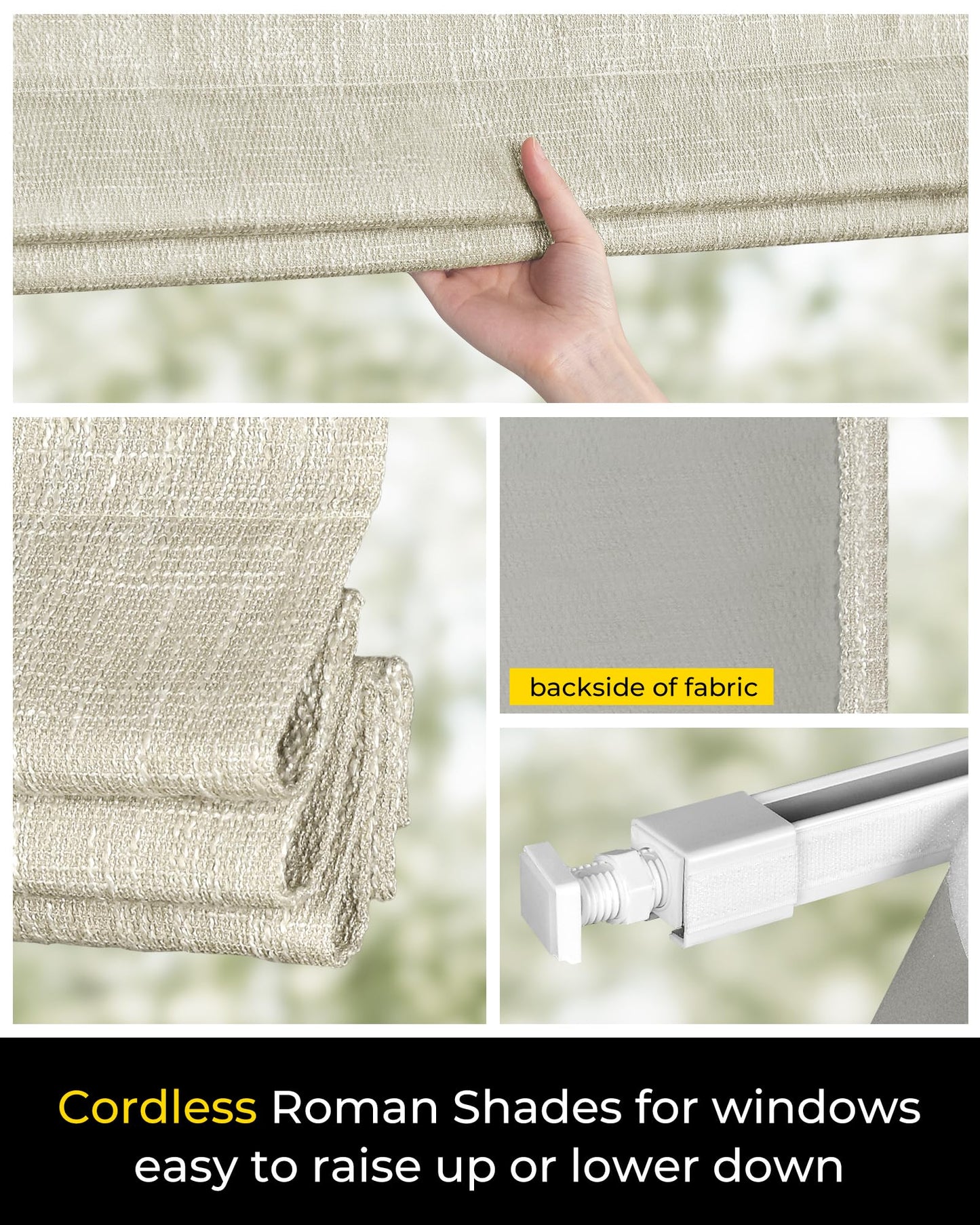 No Tools No Drill Cordless Roman Shades for Indoor Windows 100% Blackout, for Window Size 34" W × 64" H Beige