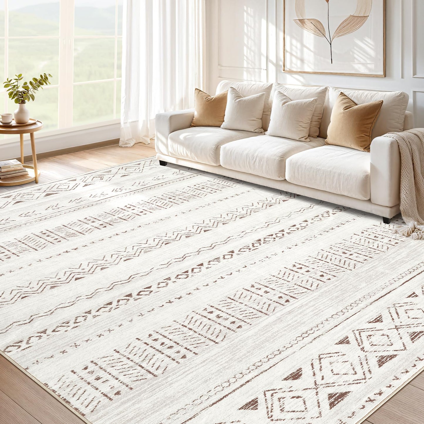 cotiled 5x7 Area Rug Living Room: Washable Boho Rugs with Non Slip Backing Large Soft Indoor Stain Resistant Carpet for Bedroom Farmhouse Dining Room Lightweight Home Decor L Brown/Cream