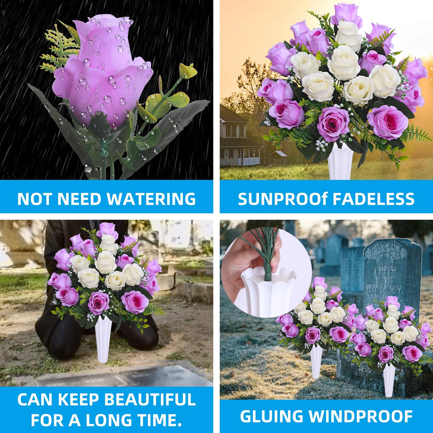 Hibsotco Set of 2 Artificial Cemetery Flowers with Vase,Grave Memorial Flowers,Artificial Rose Bouquet Decoration for Cemetery Headstones Gravesites (White with Purple, 2 Bouquets)
