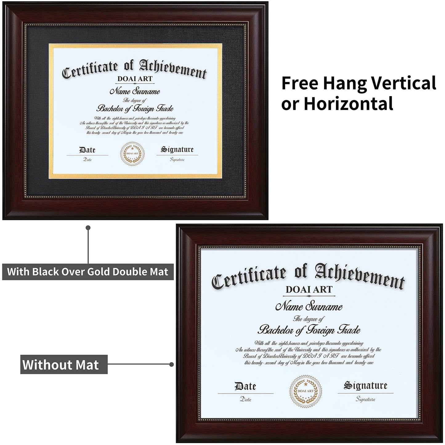 DOAI ART 8.5x11 Diploma Frame Classic Mahogany Color Display 8.5x11-inch with Black Over Gold Mat or 11x14 Document &Certificate Without Mat,Wide Molding, Gold Beads Hanging Hardware Included