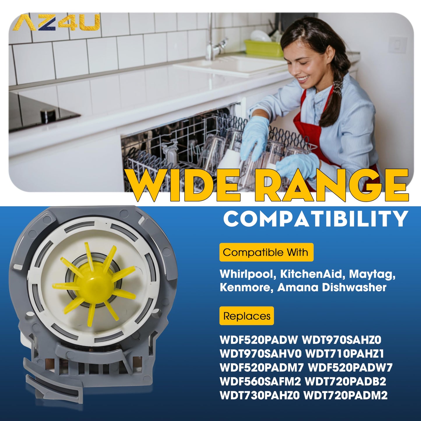 AZ4U Dishwasher Drain Pump Motor Replaces For Whirlpool WDF520PADW WDT970SAHZ0 WDT970SAHV0 WDT710PAHZ1 WDF520PADM7 WDF520PADW7 WDF560SAFM2 WDT720PADB2 WDT730PAHZ0 WDT720PADM2 WDT750SAHZ0 WDTA50SAHZ0