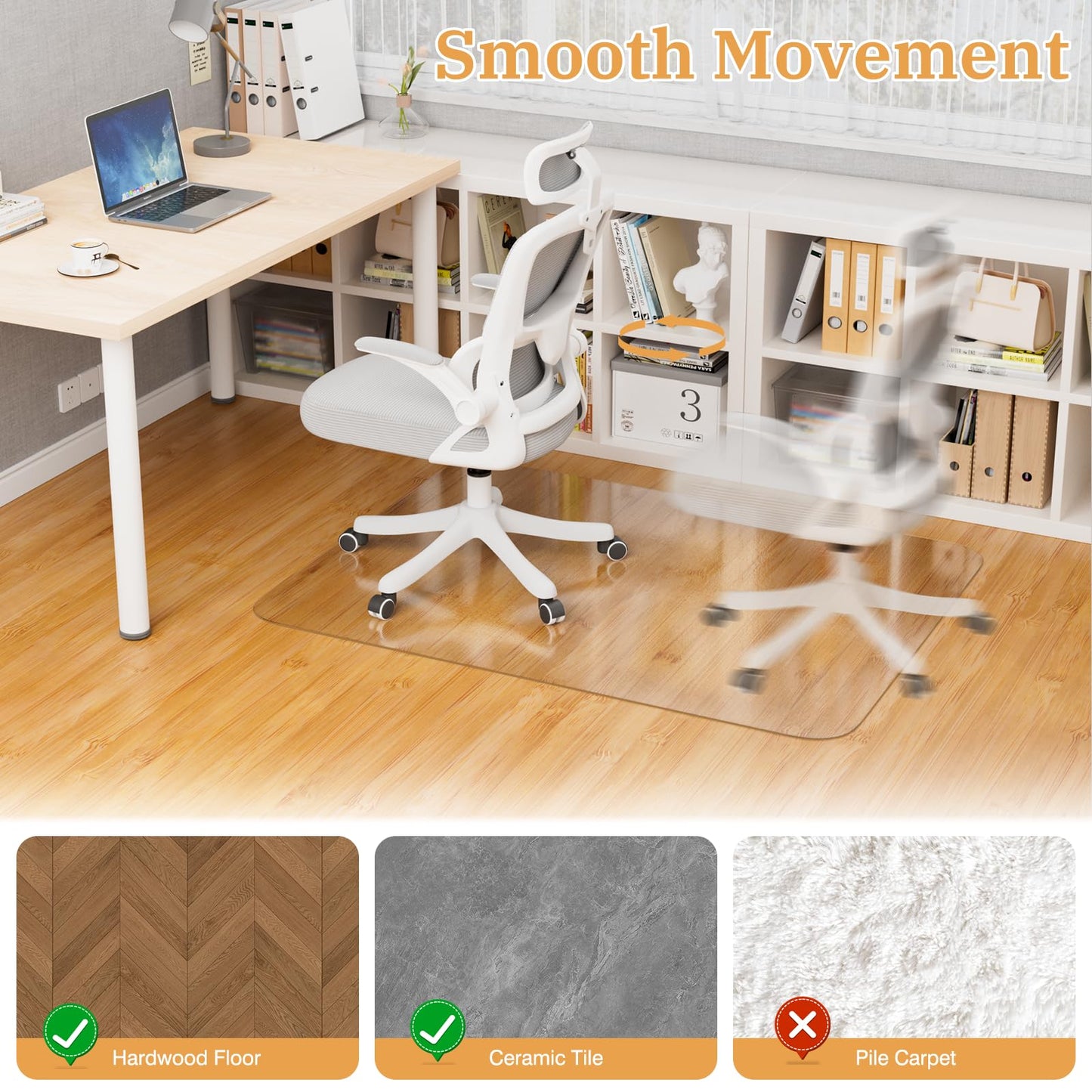 Office Chair Mat for Hardwood Floor, 46" x 60" Clear Plastic Desk Floor Protector, Heavy Duty Non-Slip Chair Mat for Rolling or Gaming Chairs, Durable Computer Mat for Home Office