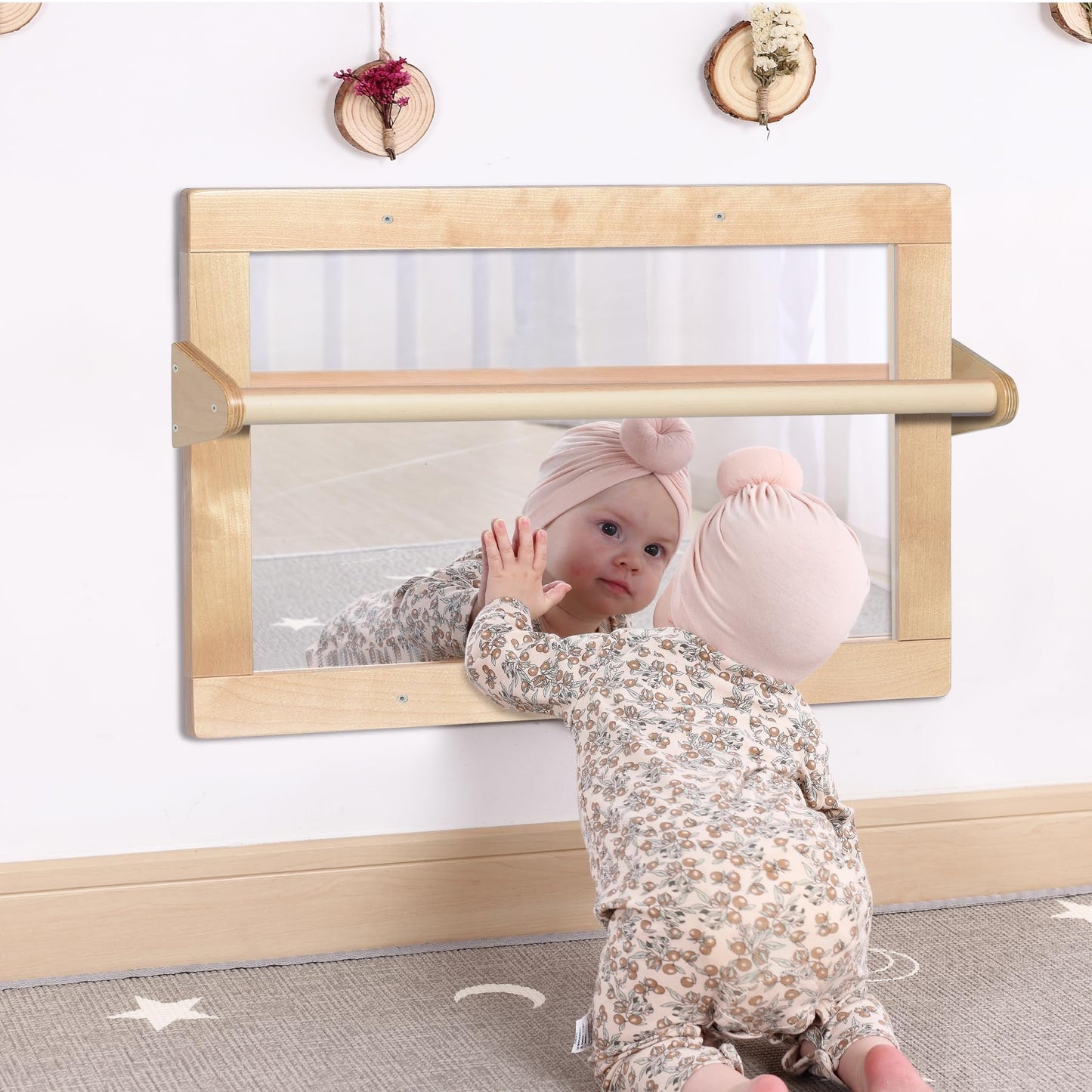 KRAND Baby Montessori Wooden Frame Non-Shatter Safety Mirror w/ 2 Pull Up Bars, Infant Coordination Small Mirror for 6-18 Months (Natural)