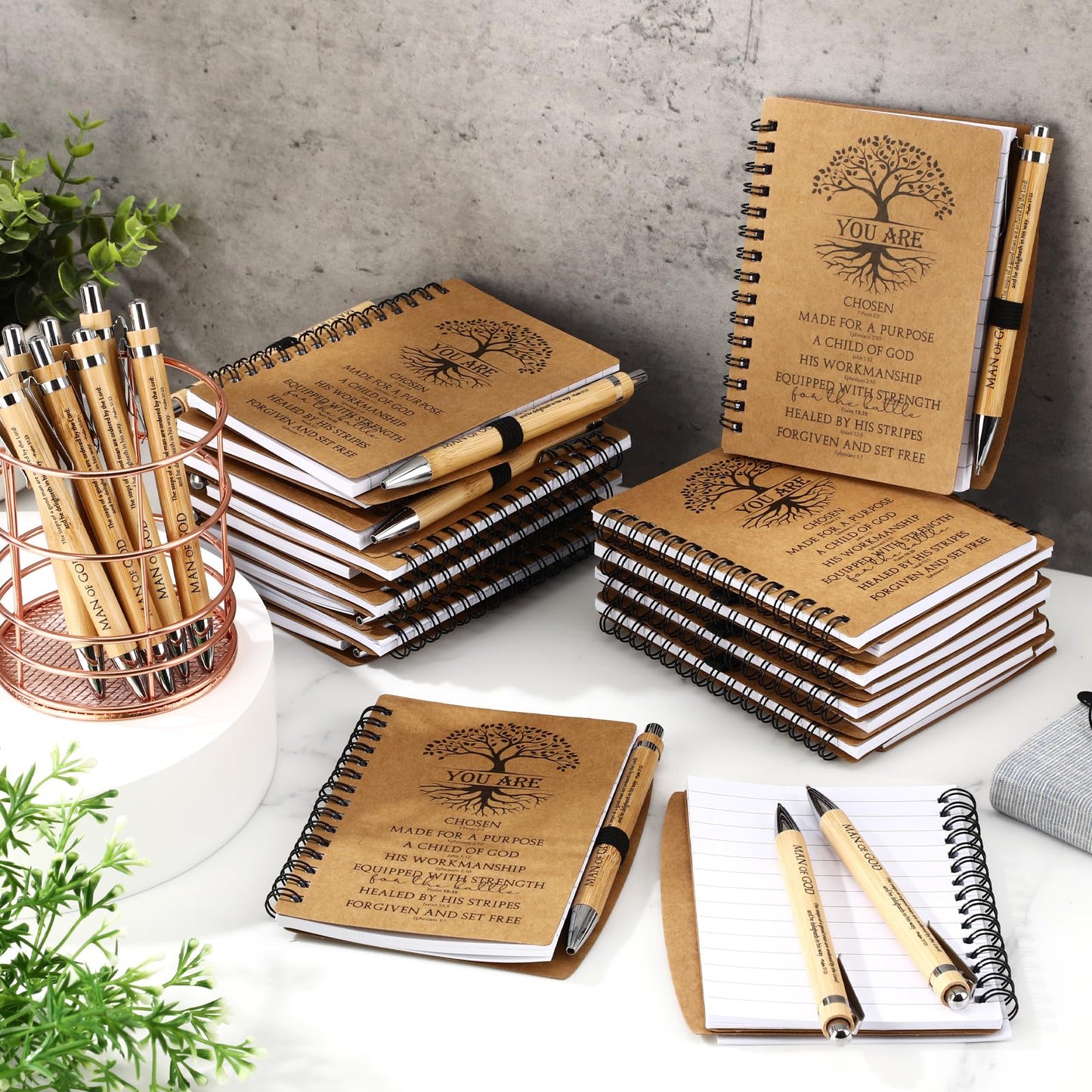 Sayglossy 50 Sets Man of God Gifts for Men Christian Fathers Day Spiral Kraft Notebooks and Bamboo Pens Bible Study Supplies Religious Gifts for Church Office Employee Coworker