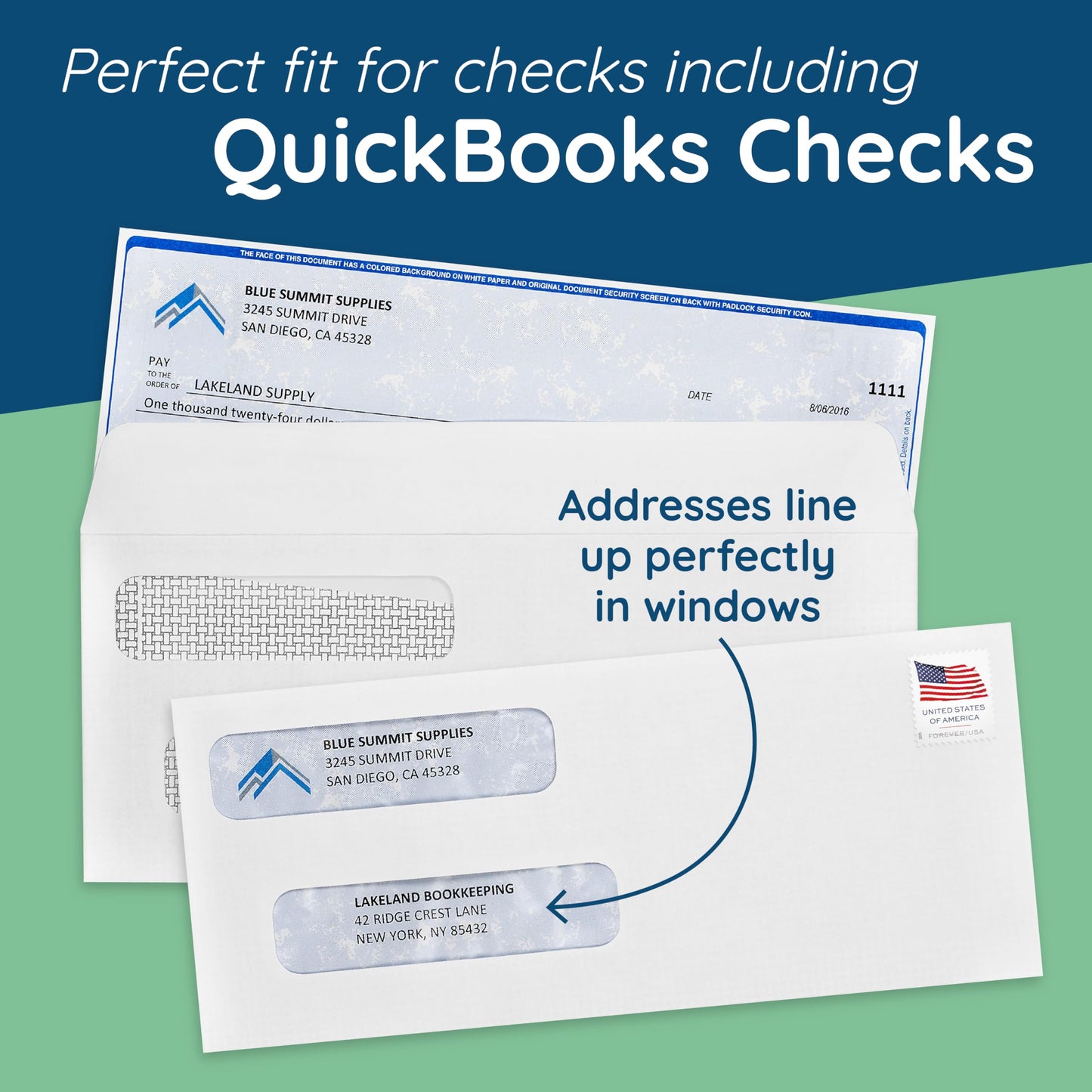 500#8 Self Seal Double Window Security Envelopes Designed for QuickBooks Checks - Computer Printed Checks - 3 5/8 X 8 11/16 (Not for Invoices)