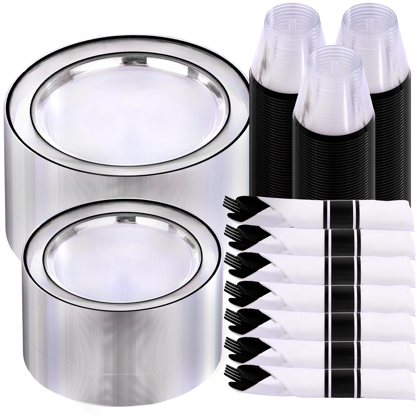 I00000 350 Pcs Black Plastic Dinnerware Set for 50 Guests Include: 50 Dinner Plates, 50 Dessert Plates, 50 Pre Rolled Napkins with Cutlery Set, 50 Cups for Birthday, Wedding Party Graduation