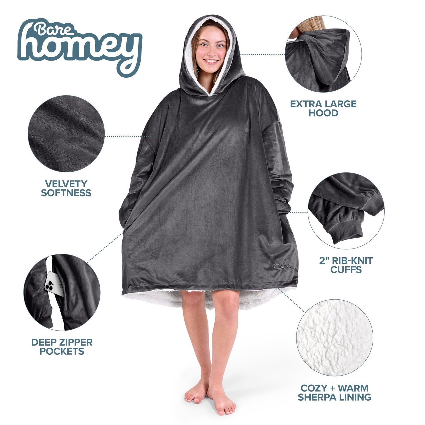 Bare Home Sherpa Fleece Wearable Blanket - Oversized Wearable Blanket Hoodie - Adult Size - Warm & Cozy - Soft Hoodie - Comfortable Sweatshirt with Two Zipper Pockets (Adult, Forged Iron Grey)