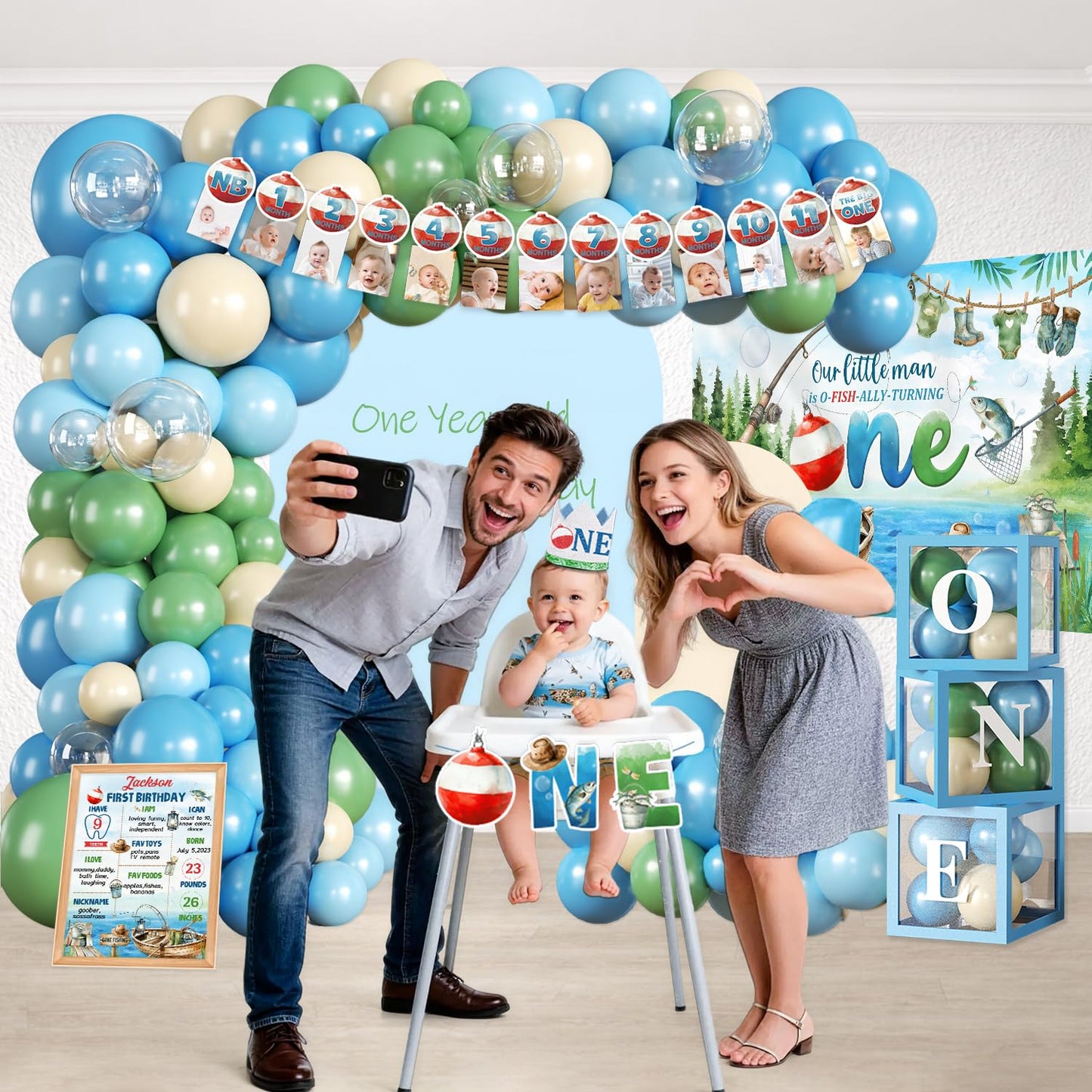 Fexivo 263pcs Ofishally One Birthday Decorations Complete Party Set, for 25 Guests, O Fishally One First Birthday Decorations Balloon Arch, Backdrop, Plates for Gone Fishing Party Decoration