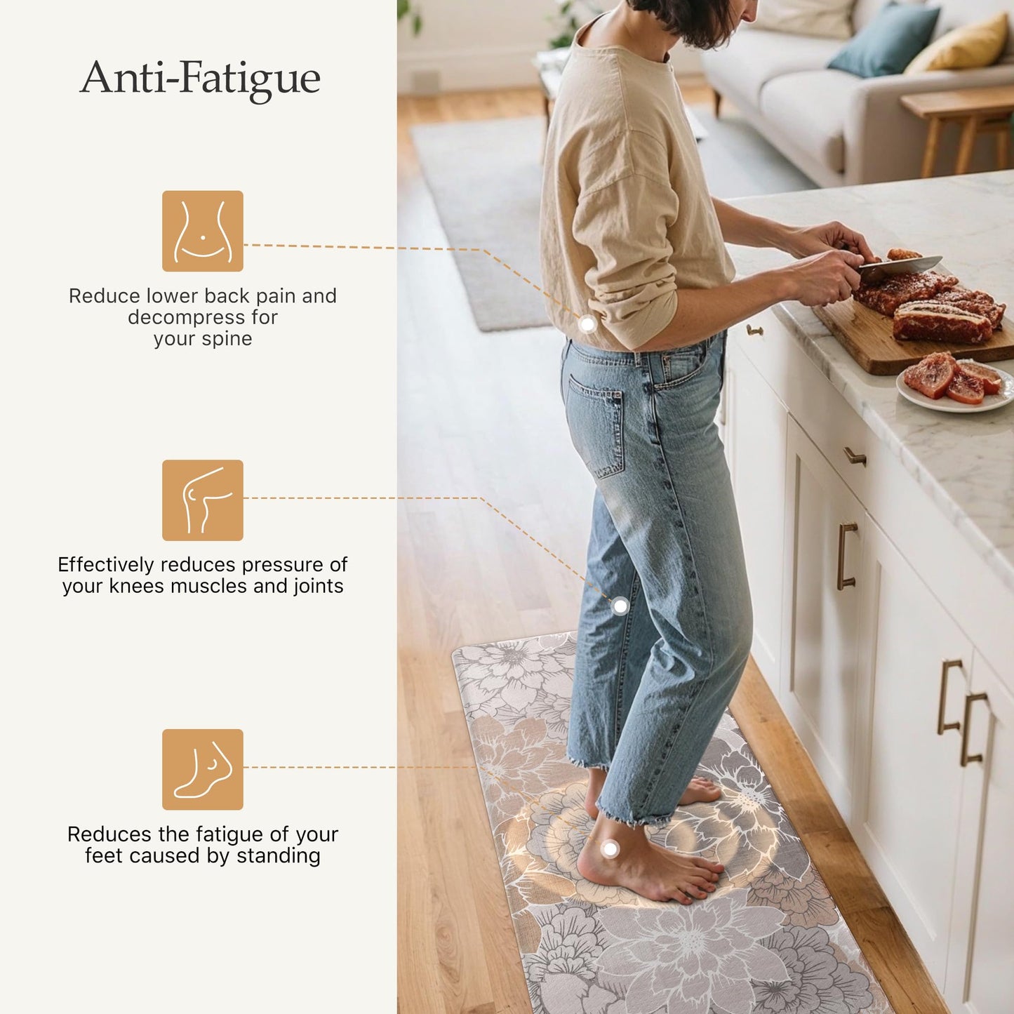 GENIMO Kitchen Mats for Floor, Kitchen Rugs Non Slip Washable Sets of 2, Waterproof Cushioned Anti Fatigue Mat, Floral Runner Rug for Laundry, Sink, Office, Home, 17.3"x47"+17.3"x30", Taupe Grey