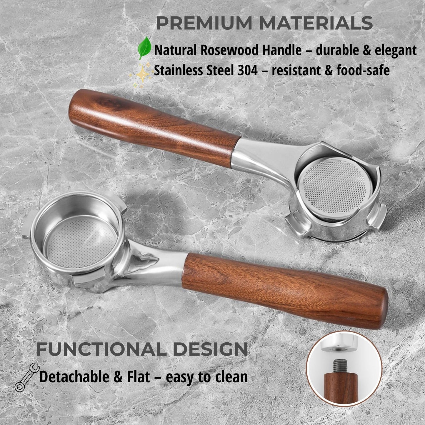 54mm Bottomless Portafilter Flat for Breville/Sage – Fits Barista Express, Pro, Touch, Bambino & Bambino Plus, Infuser – Rosewood Handle – Includes 18–21g Filter Basket & Puck Screen
