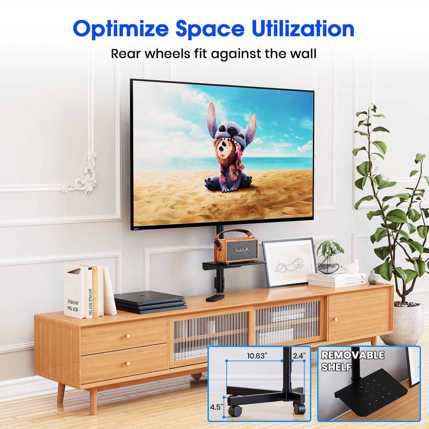 Zontera Mobile TV Stand for 23-60 Inch LCD LED OLED Flat Panel Curved Screen TVs up to 88 lbs, Tilt and Height Adjustable, Locking Rolling Wheels TV Cart with Shelf, Max VESA 400x400mm, Black