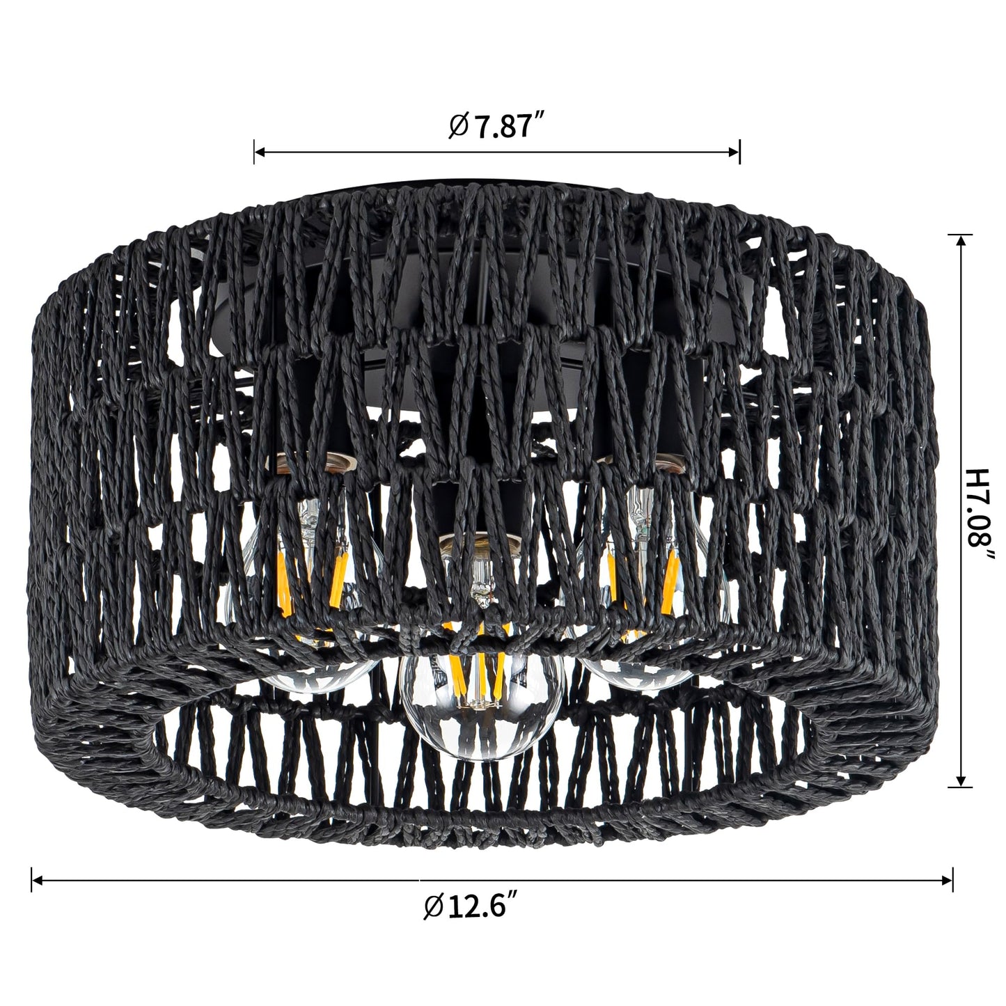 Rattan Ceiling Light Fixture, 3-Light Bohemian Modern Woven Ceiling Light, Black Boho Flush Mount Ceiling Light for Bedroom Living Room Dining Room, Bulb Not Included