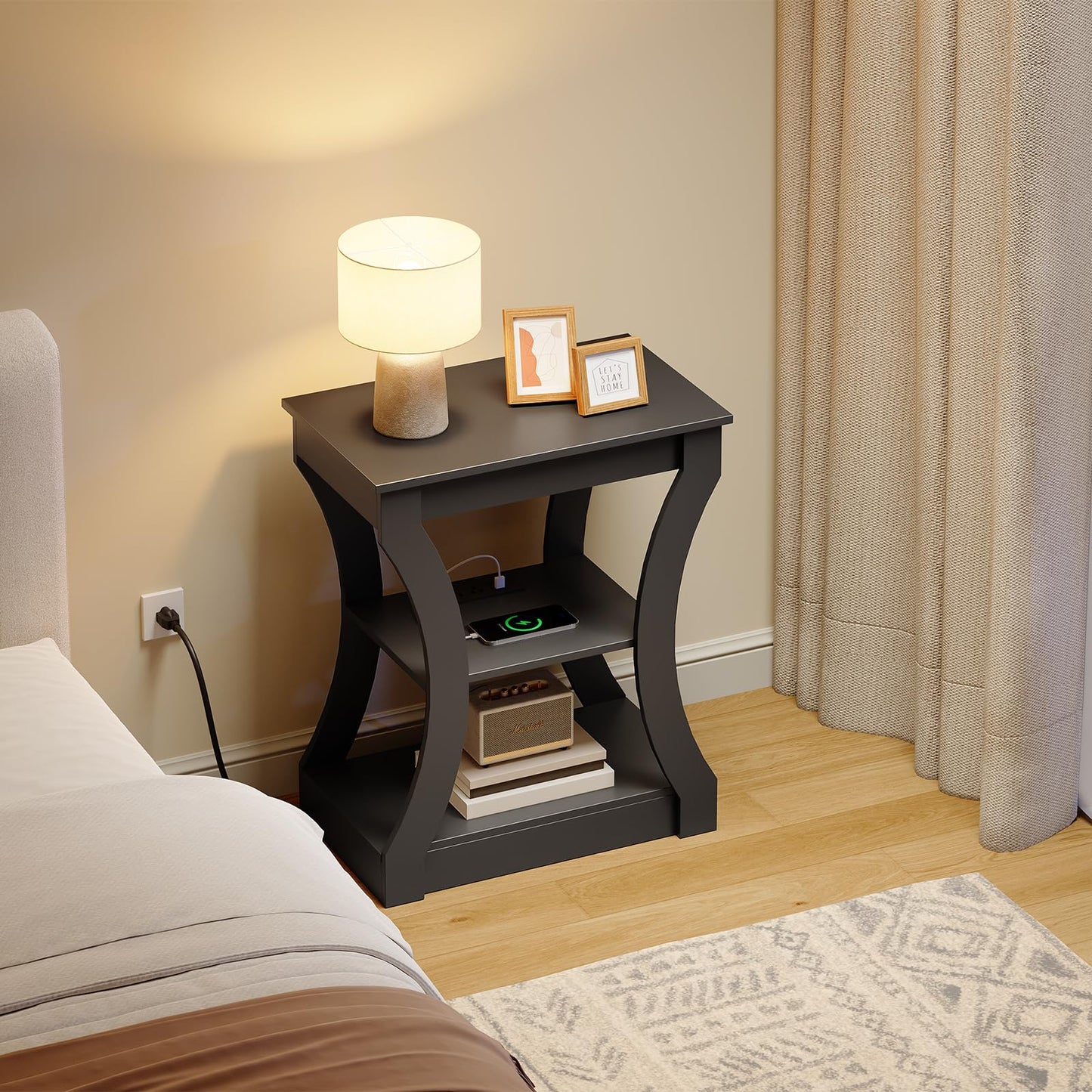 MAHANCRIS End Tables Living Room, Black End Table with Charging Station, Nightstand for Bedroom, 3 Tier Side Table with Storage Shelf for Living Room, Modern Bedside Table, Small Space, ETBK53E01