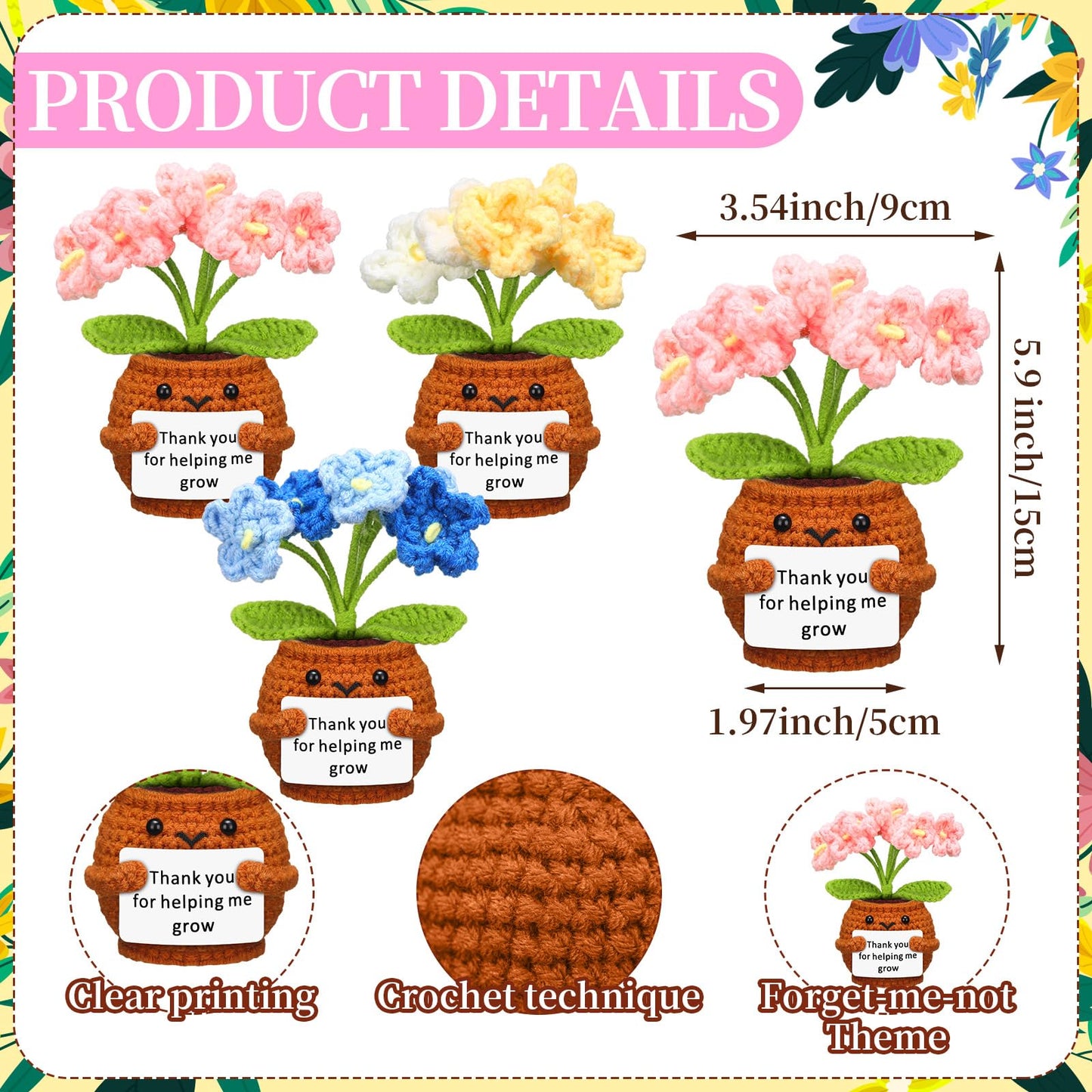 Wavwavw 3 Sets Teacher Appreciation Gifts Thank You for Helping Me Grow Crochet Doll with Card Bracelets Heart Leather Bookmarks Graduation Gift from Student Office Home Supplies(Forget Me Not)