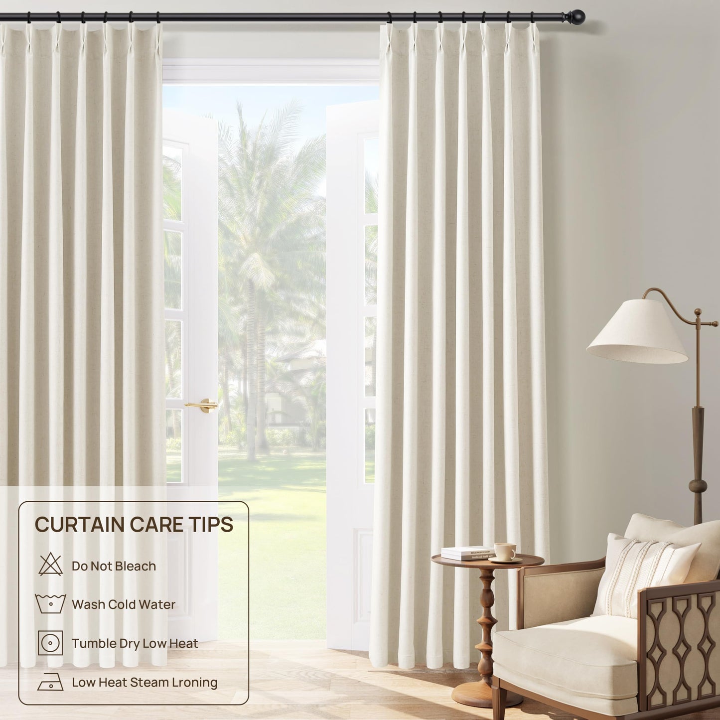 100% Blackout Linen Pinch Pleated Curtains for Bedroom Celing to Floor 96 Inches Long 8ft Natural Cream Room Darkening Thermal Insulated Pleat Window Drapes for Living Room Ivory Beige 2 Panels 40x96