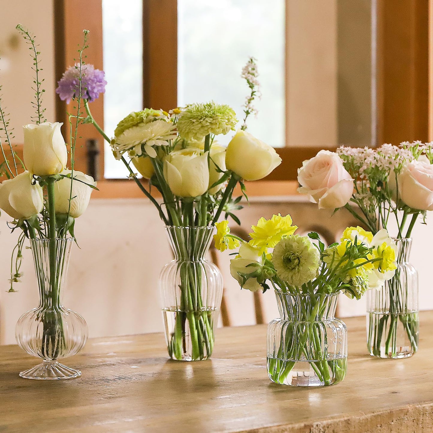 12 Pcs Ribbed Glass Bud Vases Set, 4 Styles Clear Small Flower Vases in Bulk, Roman Column Vertical Ribbed Design for Wedding, Home Decor, Table Centerpieces, Party